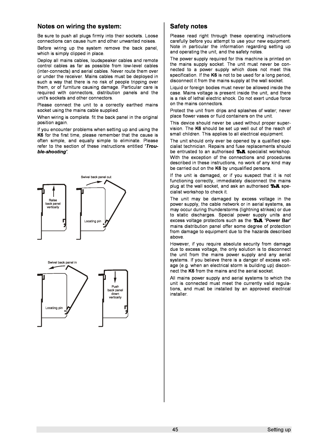T+A Elektroakustik K 6 user manual Notes on wiring the system, Safety notes, Settingup 