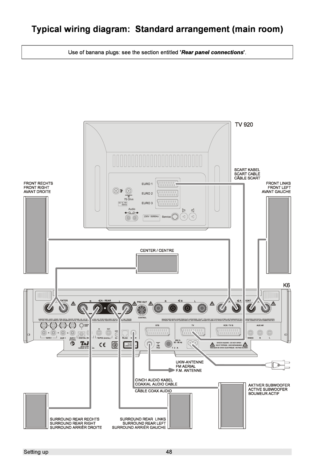 T+A Elektroakustik K 6 user manual Useofbananaplugs seethesectionentitled, Rear panel connections, Settingup 