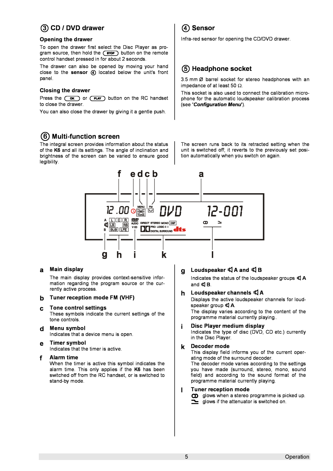 T+A Elektroakustik K 6 user manual CD / DVD drawer, Sensor, Headphone socket, Multi-functionscreen 