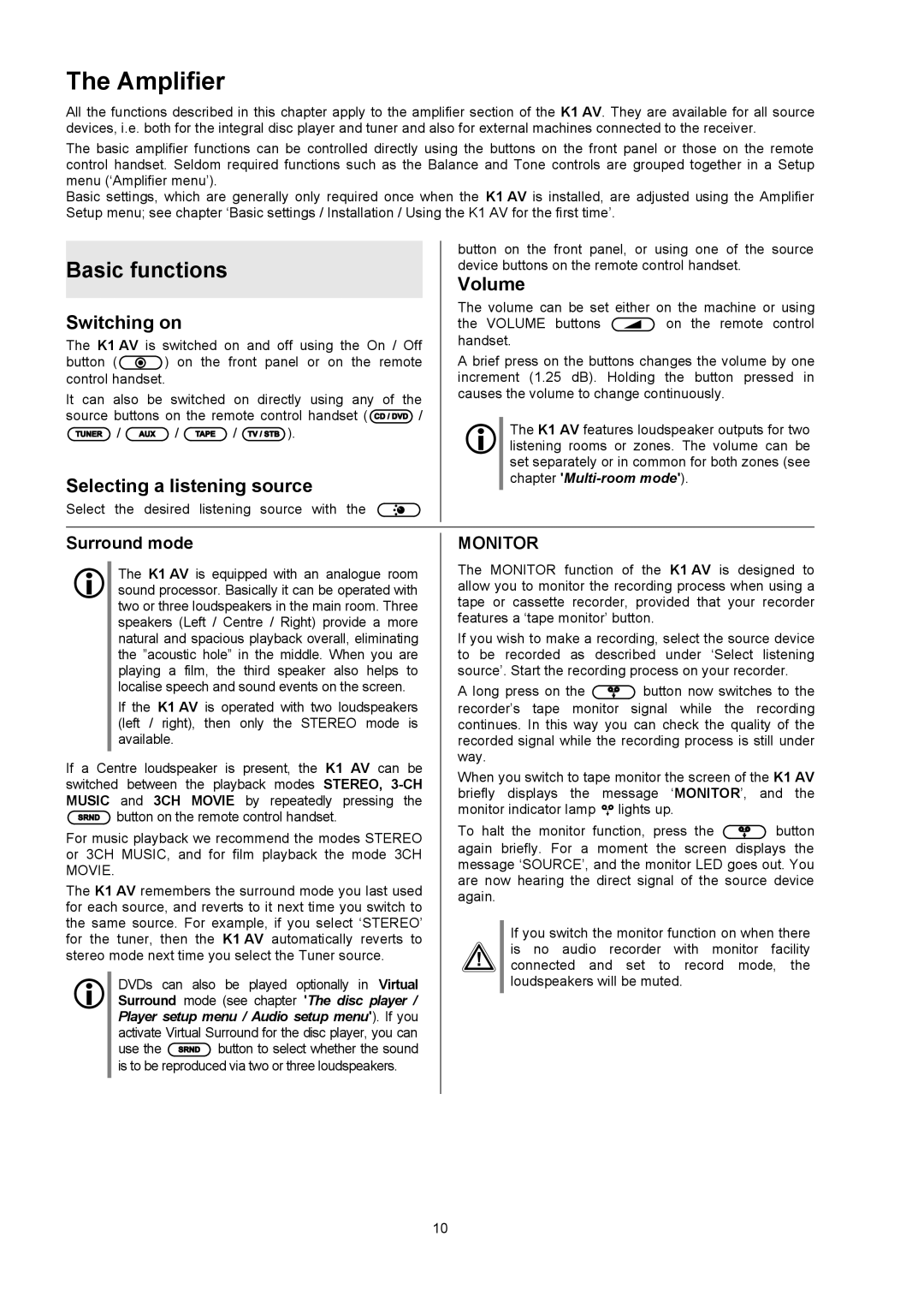 T+A Elektroakustik K1 AV user manual Amplifier, Basic functions, Switching on, Selecting a listening source, Volume 