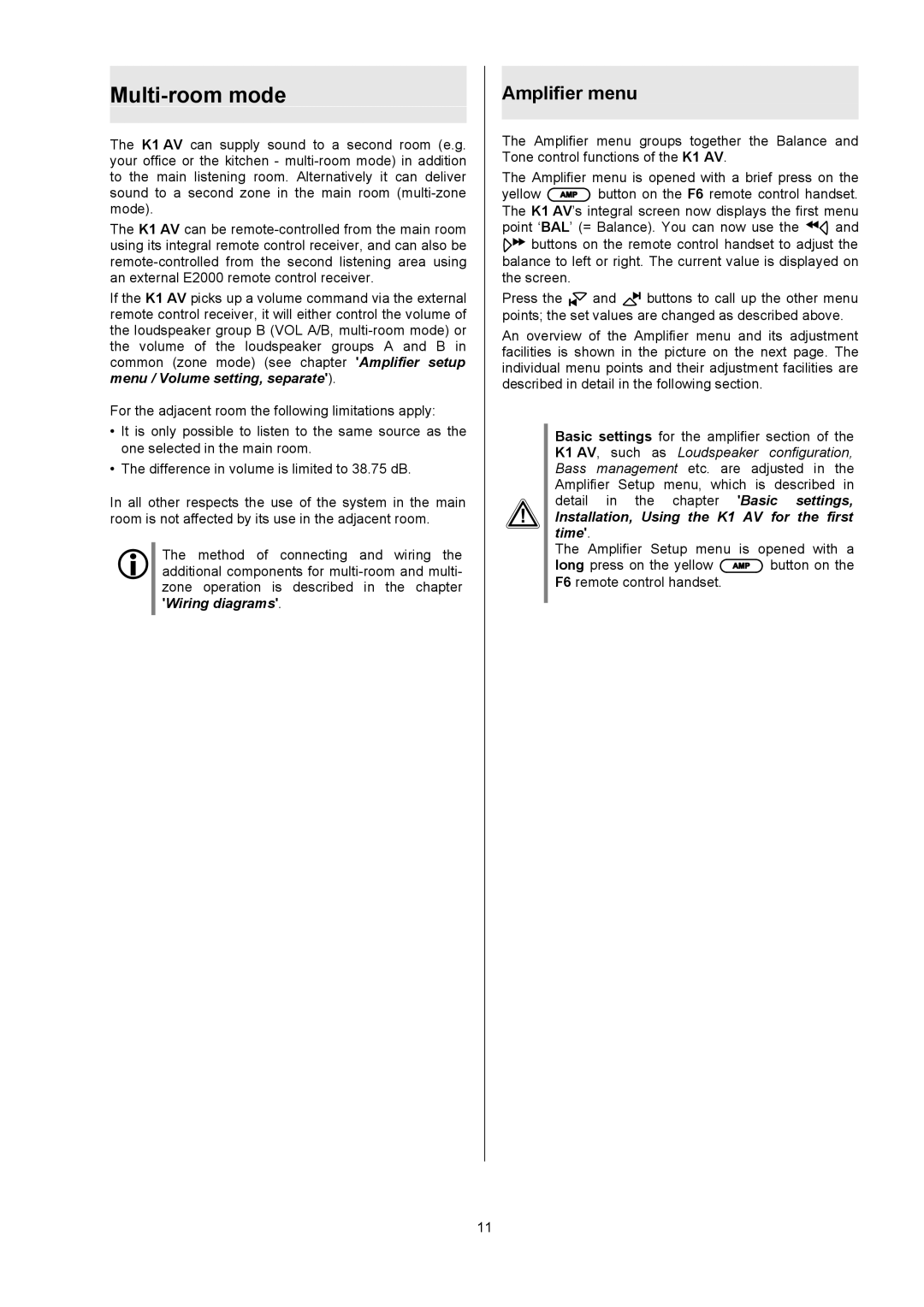 T+A Elektroakustik K1 AV user manual Multi-room mode, Amplifier menu 