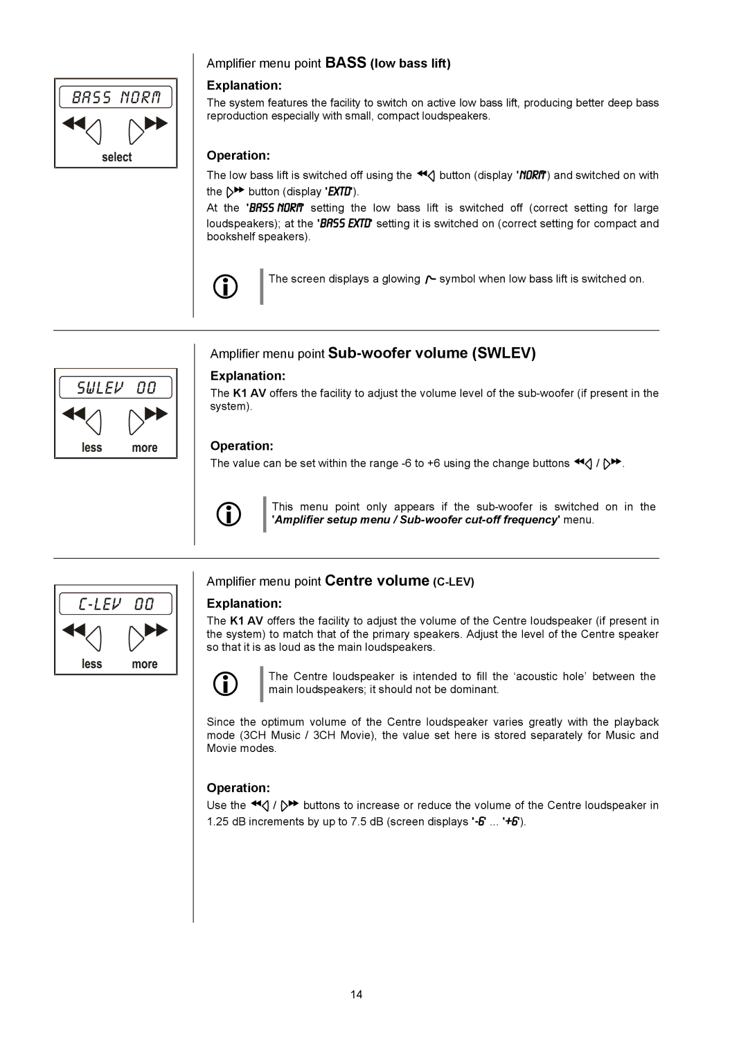 T+A Elektroakustik K1 AV user manual Bass Norm, Amplifier menu point Sub-woofer volume Swlev 