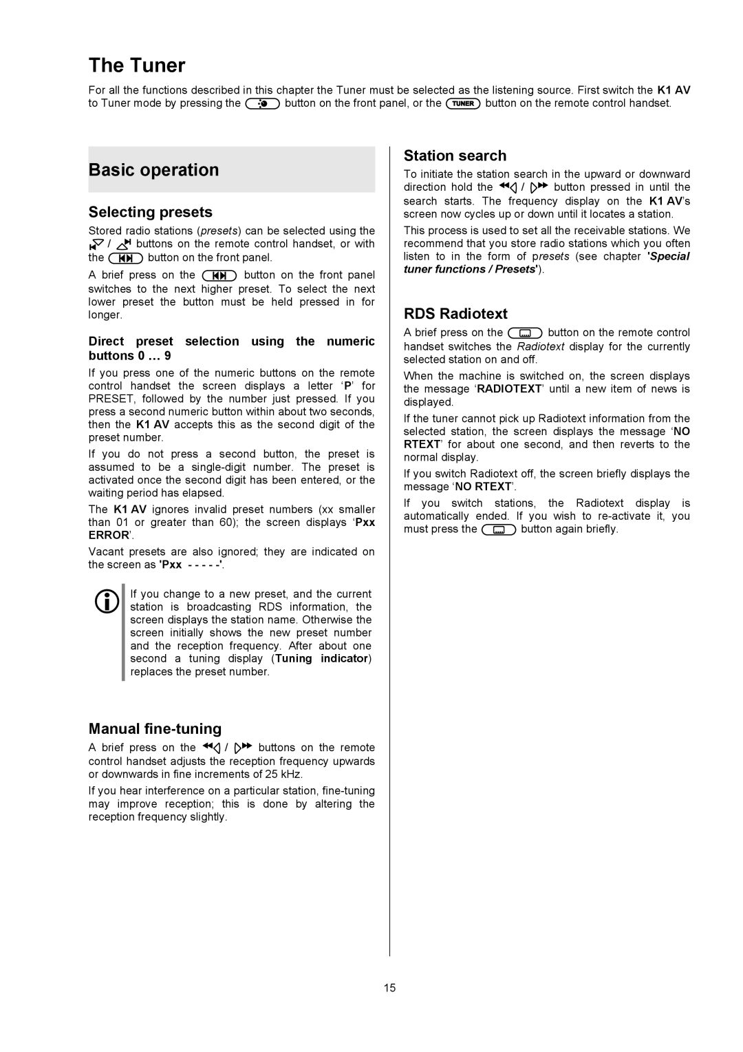 T+A Elektroakustik K1 AV user manual Tuner, Basic operation 