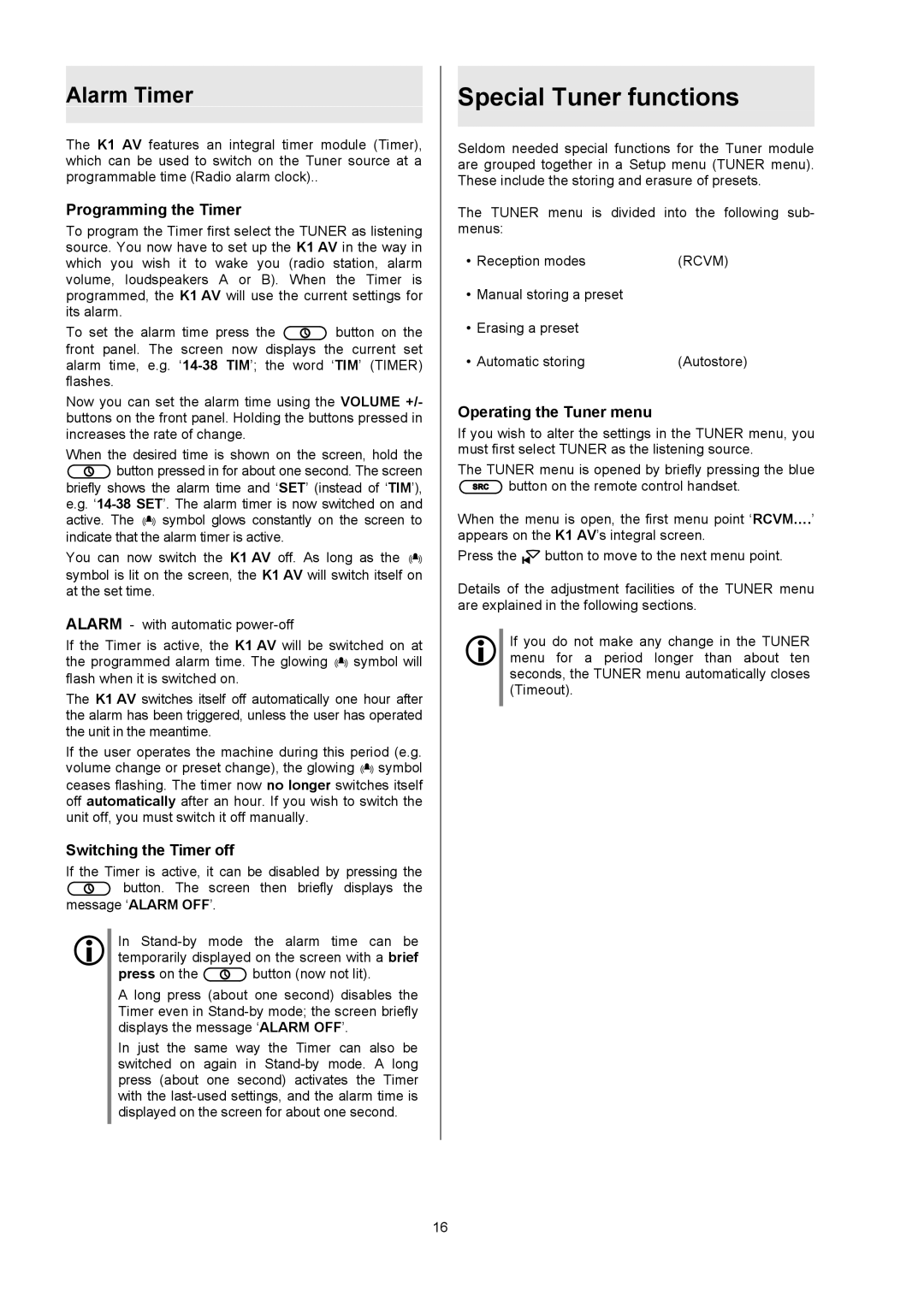 T+A Elektroakustik K1 AV user manual Special Tuner functions, Alarm Timer, Programming the Timer, Switching the Timer off 