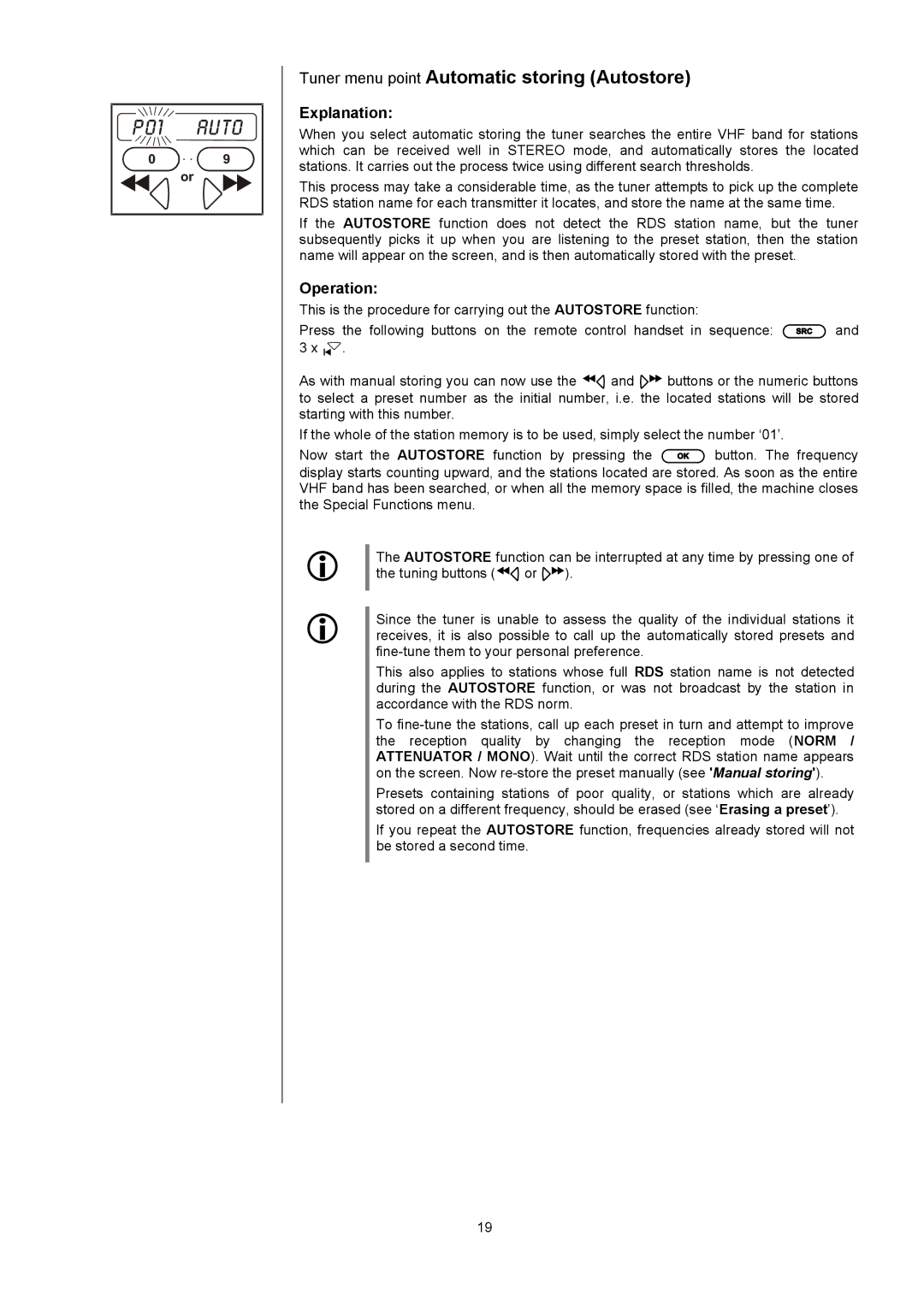 T+A Elektroakustik K1 AV user manual Tuner menu point Automatic storing Autostore 