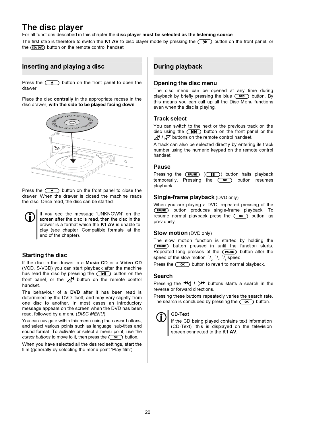 T+A Elektroakustik K1 AV user manual Disc player, Inserting and playing a disc, During playback 