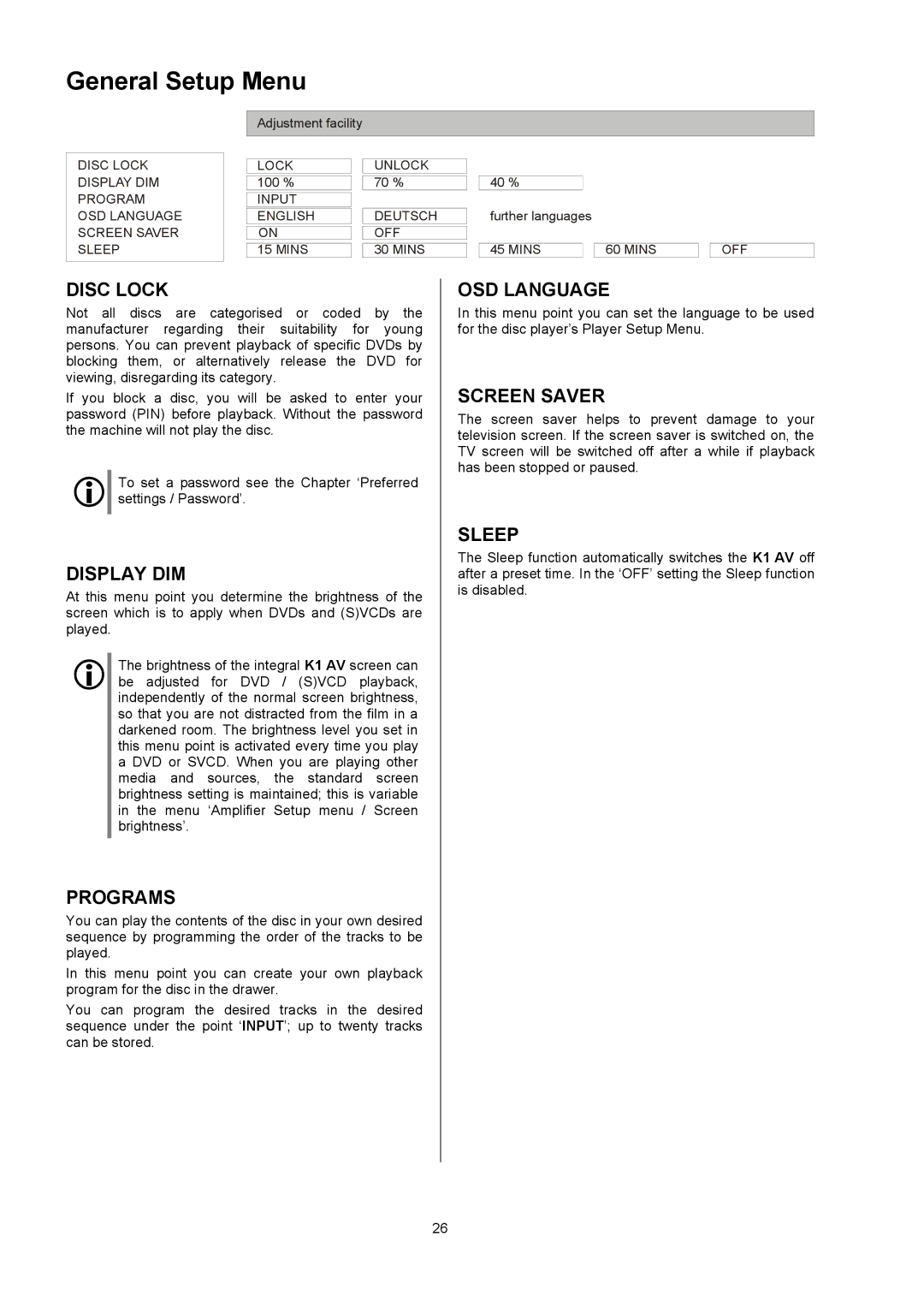 T+A Elektroakustik K1 AV user manual General Setup Menu 