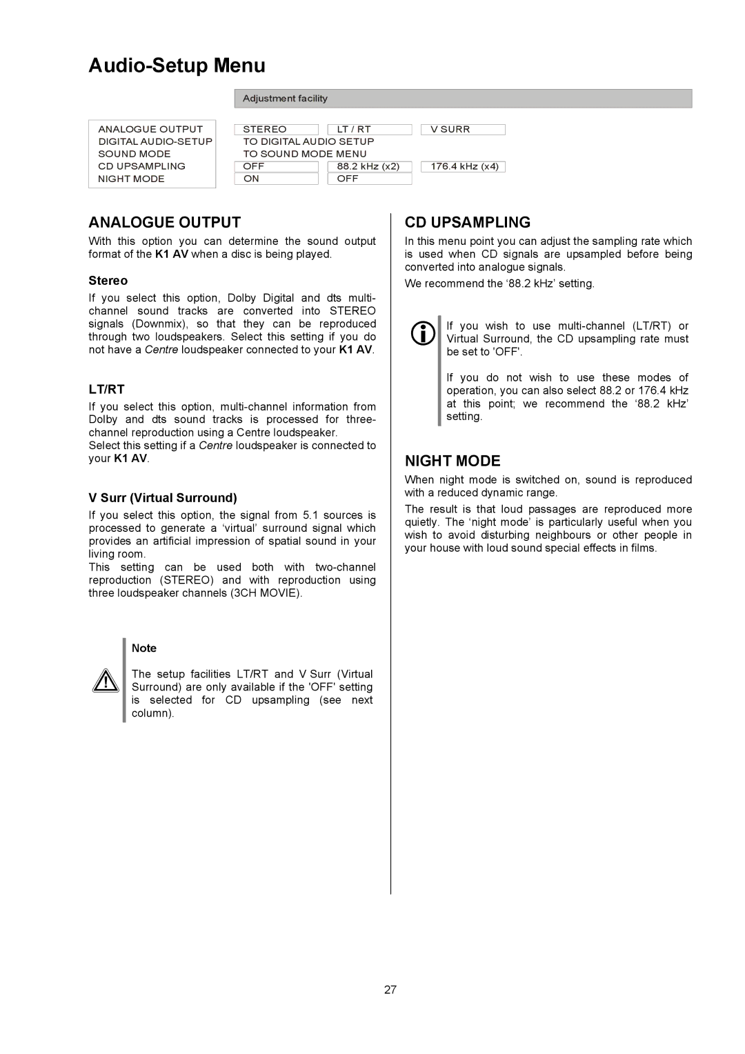 T+A Elektroakustik K1 AV user manual Audio-Setup Menu, Analogue Output, CD Upsampling, Night Mode 