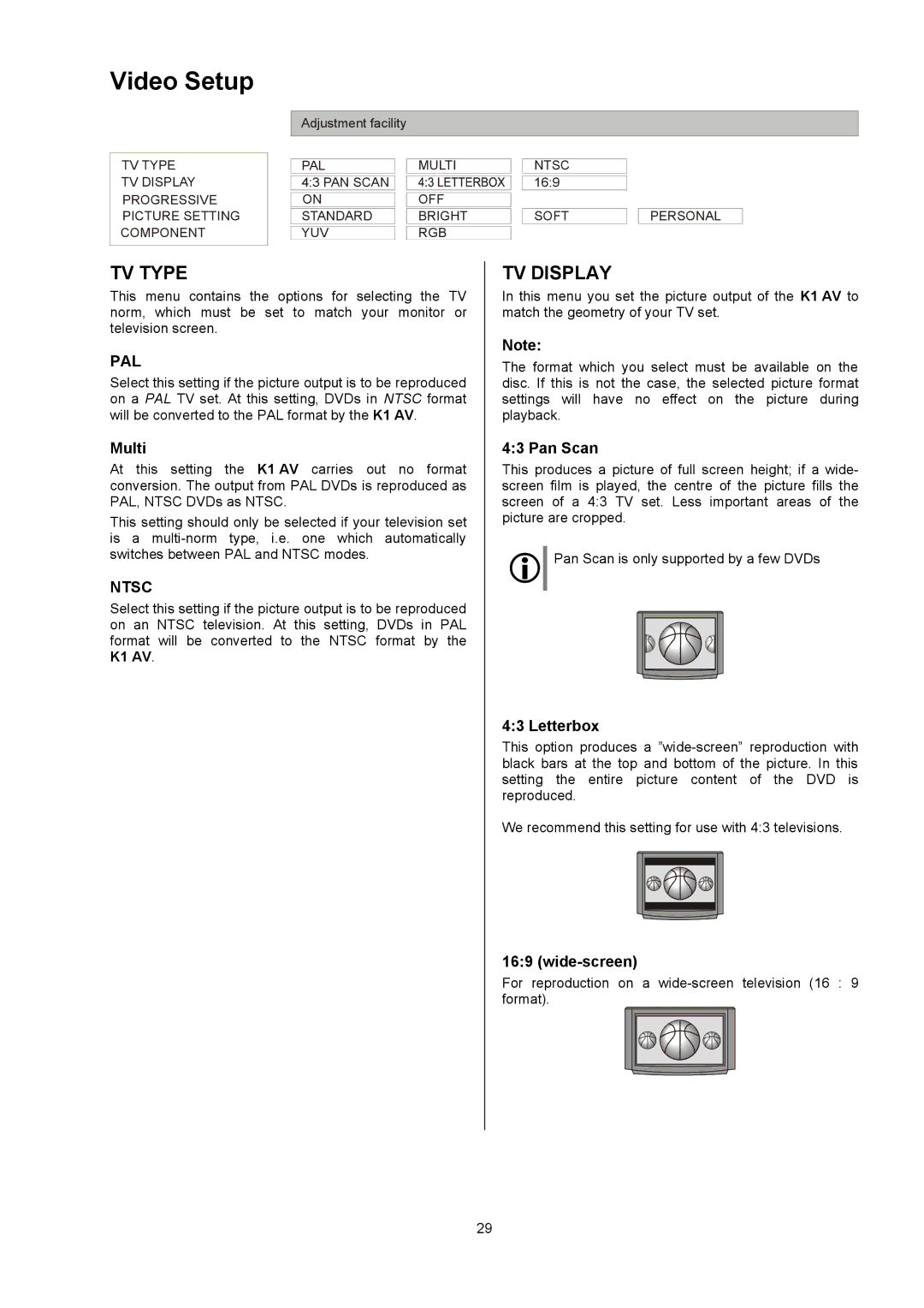 T+A Elektroakustik K1 AV user manual Video Setup, TV Type, TV Display 