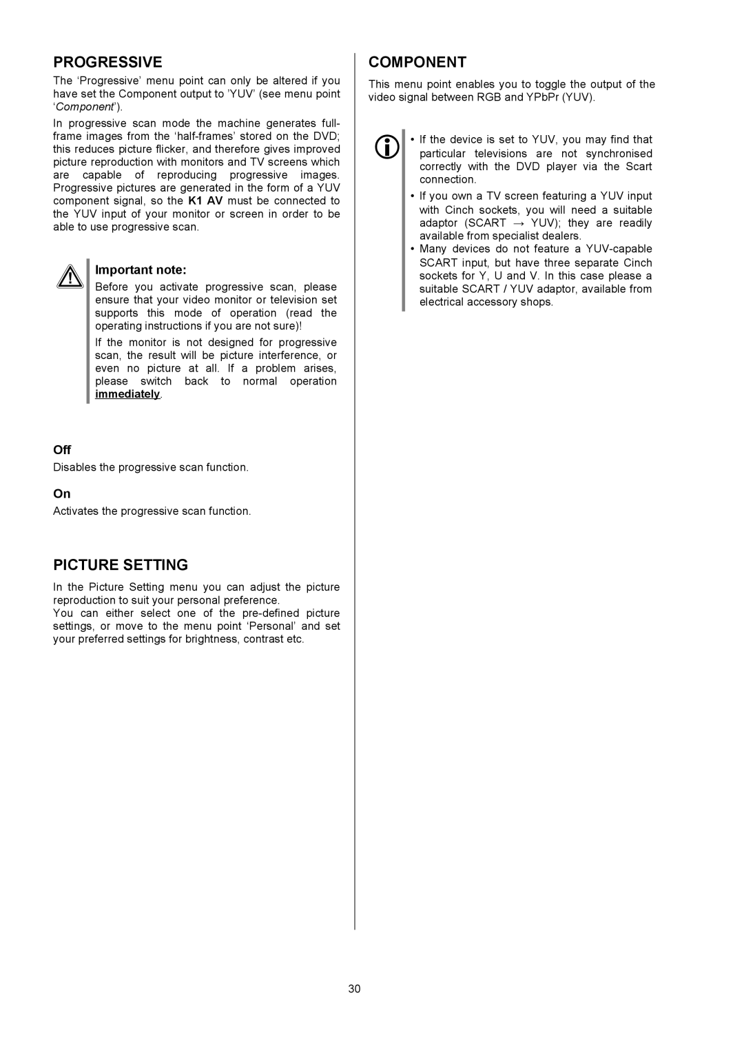 T+A Elektroakustik K1 AV user manual Progressive, Picture Setting, Component,  Important note, Off 