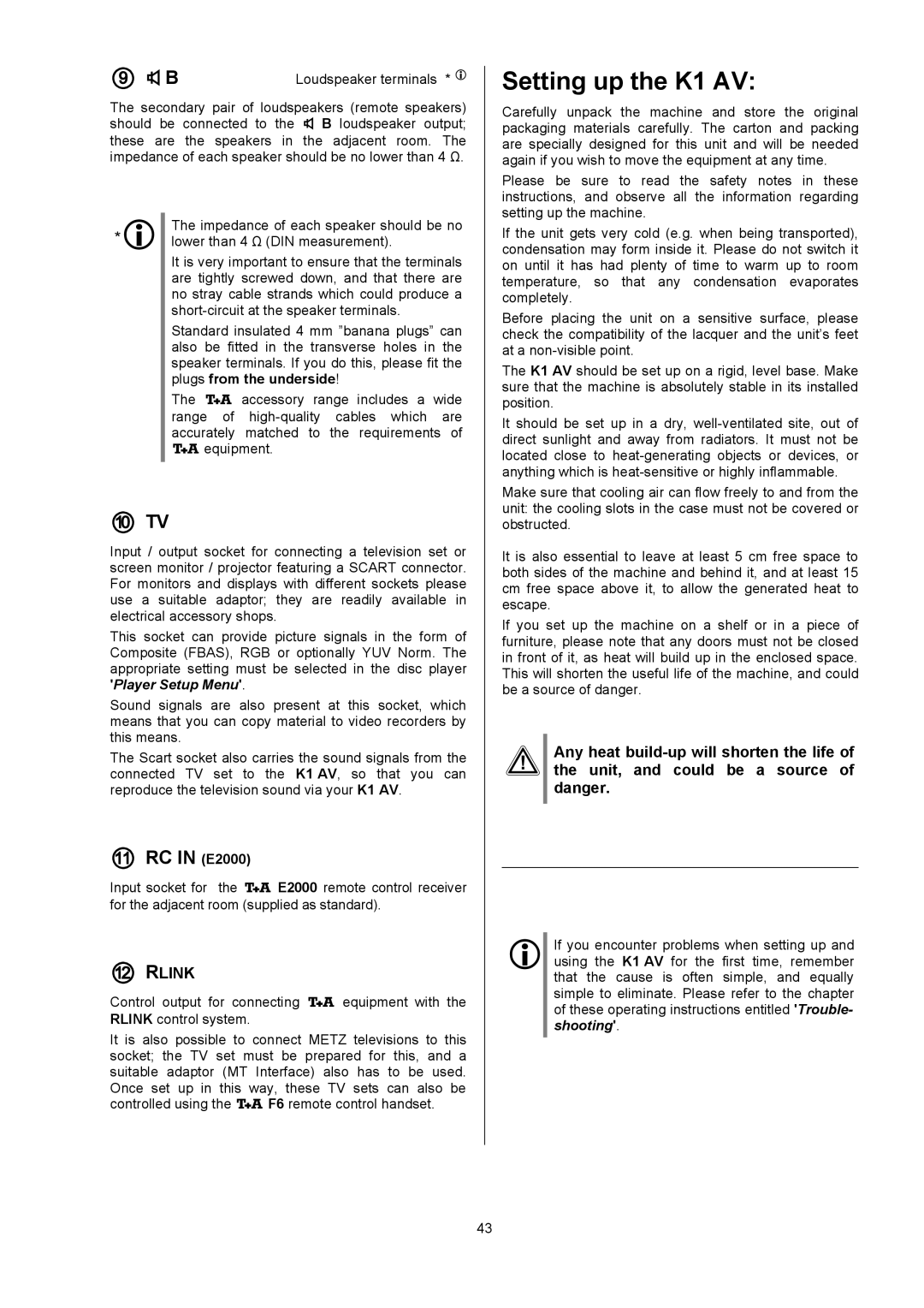 T+A Elektroakustik user manual Setting up the K1 AV,  B,  Tv,  RC in E2000 