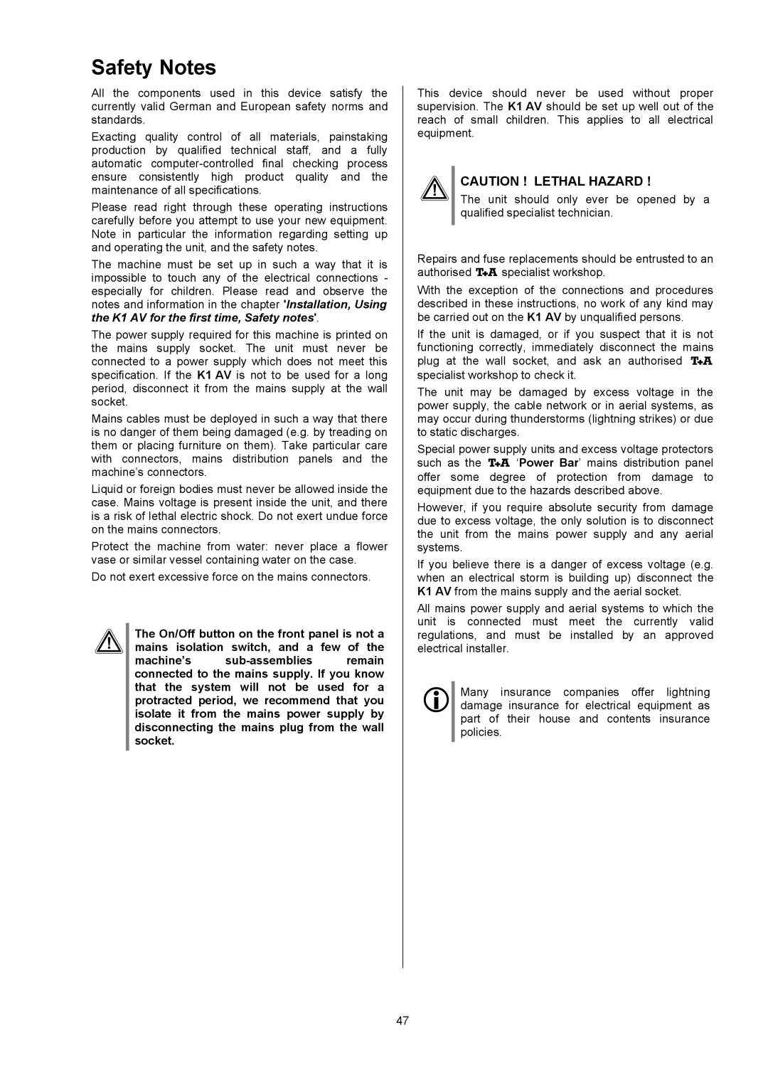 T+A Elektroakustik K1 AV user manual Safety Notes 