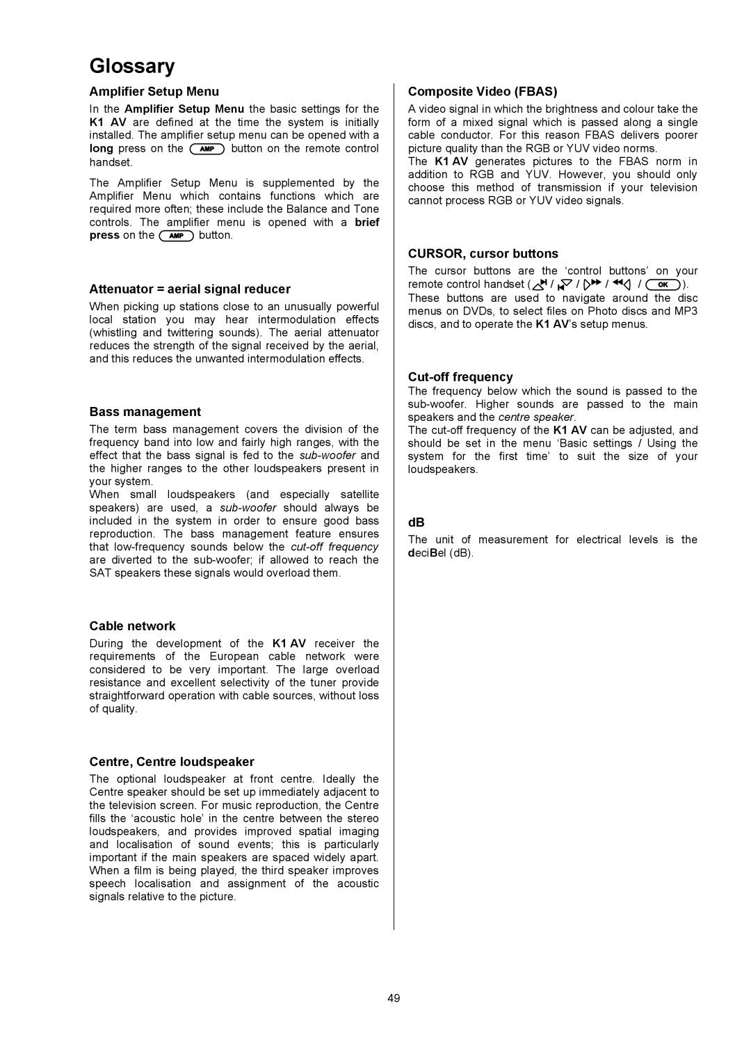 T+A Elektroakustik K1 AV Amplifier Setup Menu, Attenuator = aerial signal reducer, Bass management, Cable network 