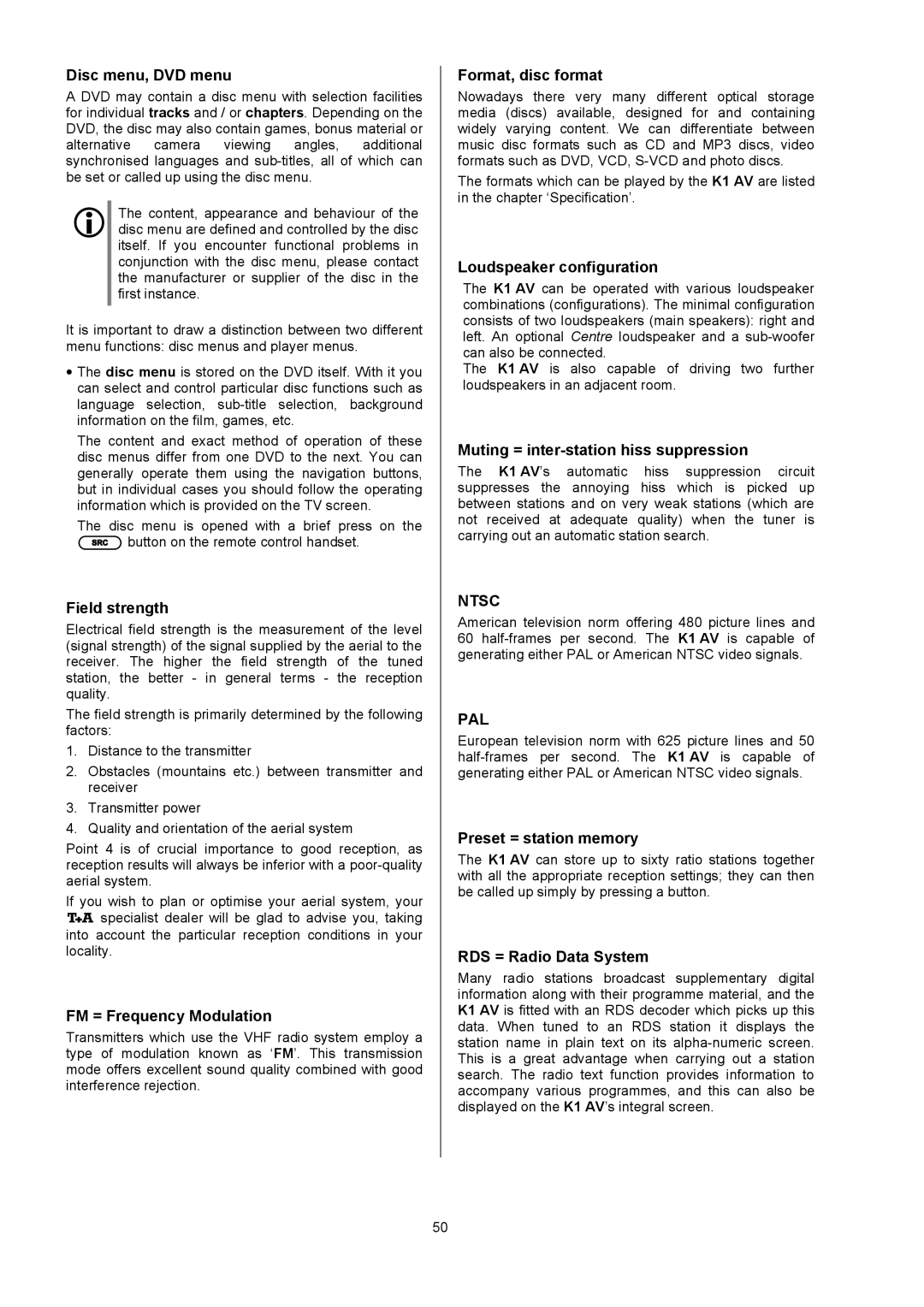 T+A Elektroakustik K1 AV user manual Disc menu, DVD menu, Field strength, FM = Frequency Modulation, Format, disc format 