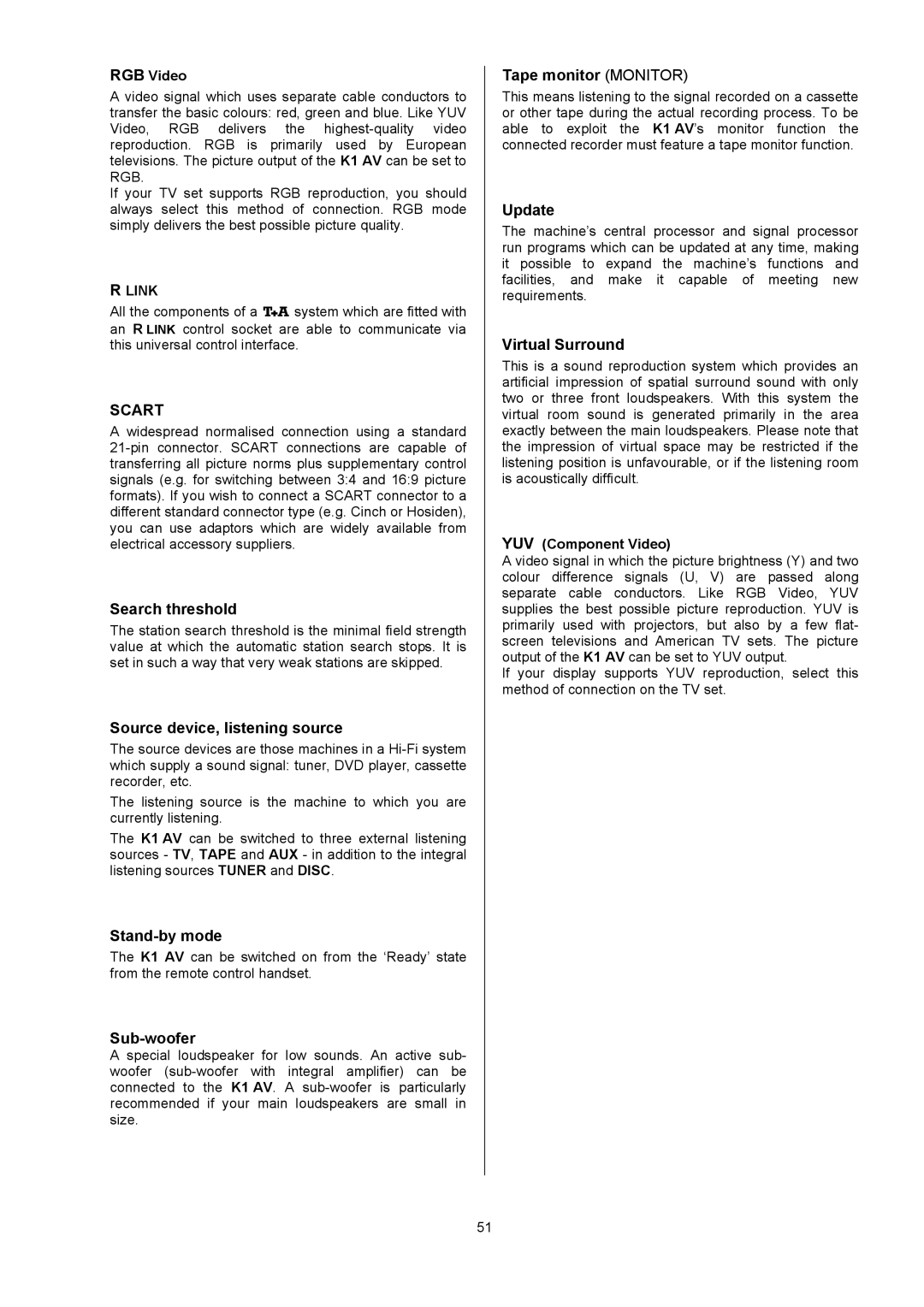 T+A Elektroakustik K1 AV user manual Search threshold, Source device, listening source, Stand-by mode, Sub-woofer, Update 