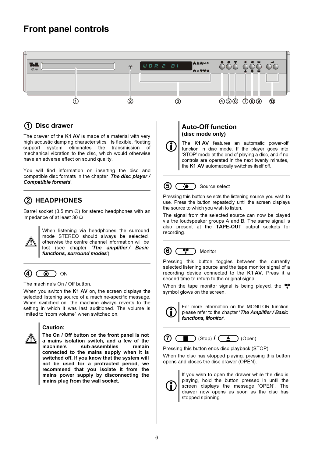 T+A Elektroakustik K1 AV user manual Front panel controls,  Disc drawer,  Headphones, Auto-Off function, Disc mode only 