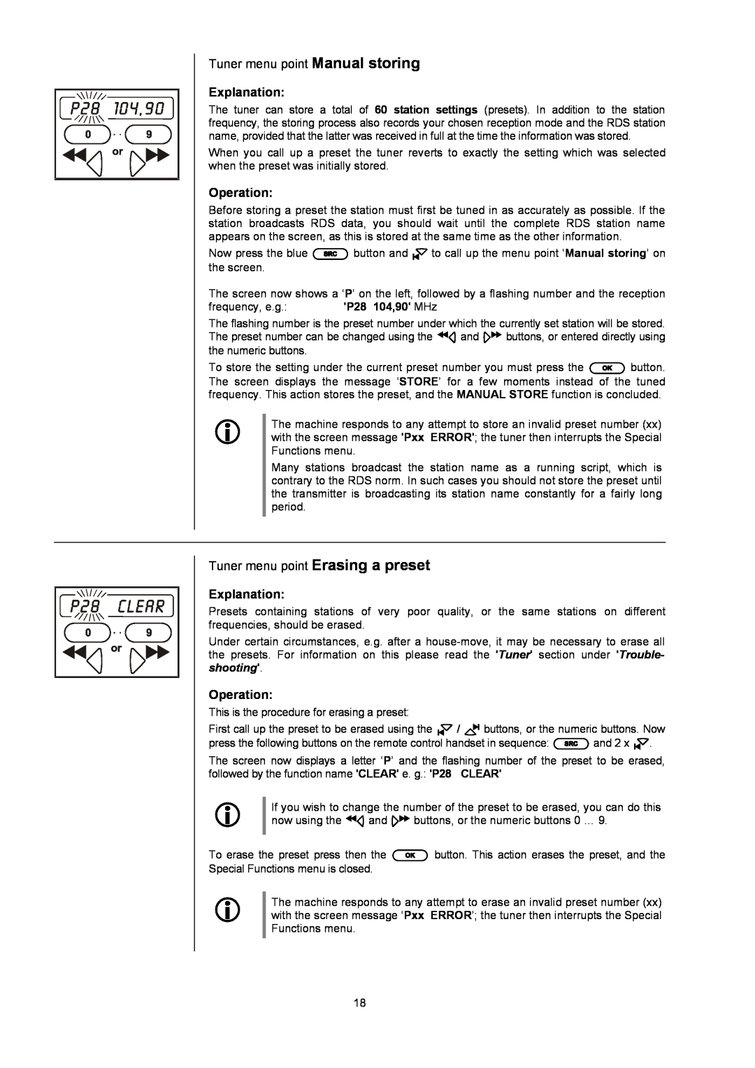 T+A Elektroakustik K1 AV Tuner menu point Manual storing, Tuner menu point Erasing a preset, Explanation, Operation 