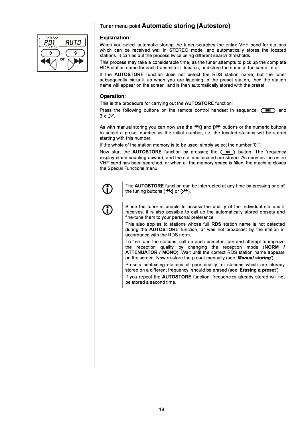 T+A Elektroakustik K1 AV user manual Tuner menu point Automatic storing Autostore, Explanation, Operation 