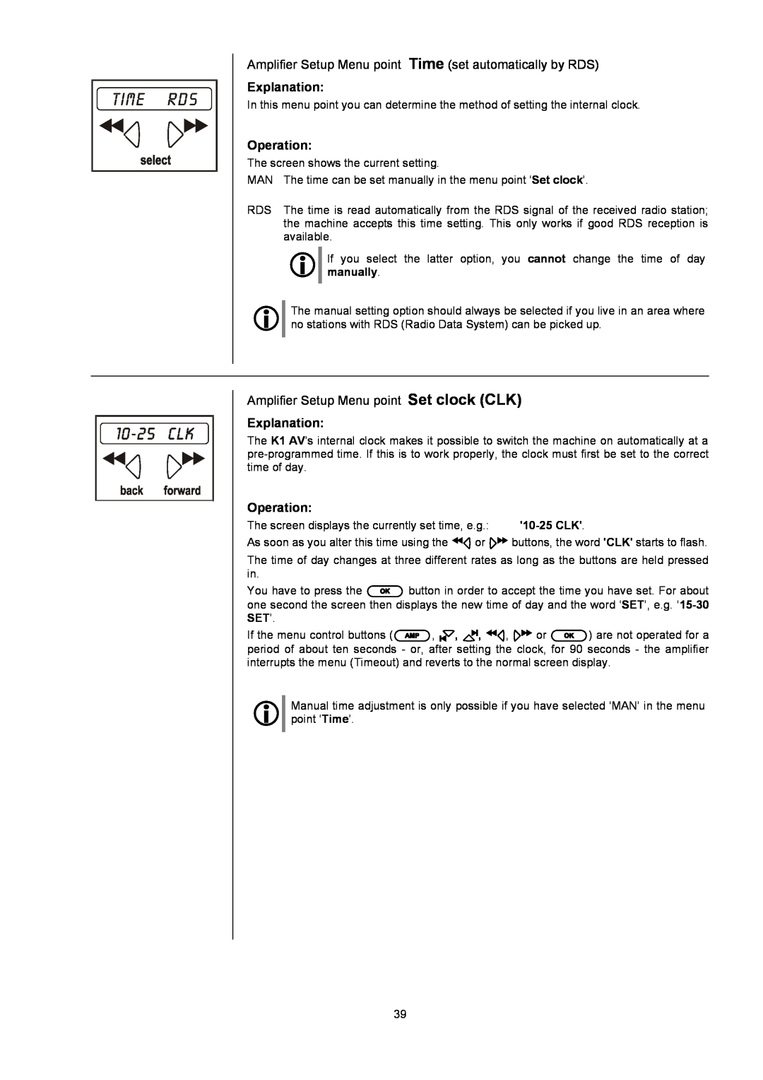 T+A Elektroakustik K1 AV user manual Time Rds, Amplifier Setup Menu point Set clock CLK, Explanation, Operation 