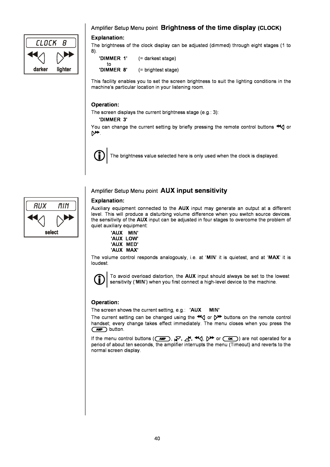 T+A Elektroakustik K1 AV user manual Aux Min, Amplifier Setup Menu point AUX input sensitivity, Explanation, Operation 