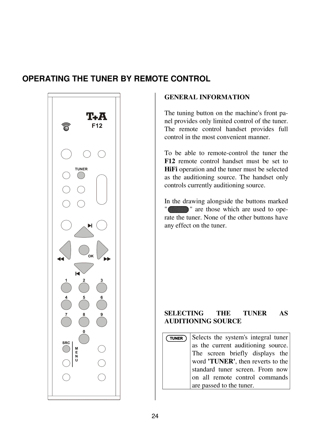 T+A Elektroakustik K1 CD-RECEIVER Operating the Tuner by Remote Control, Selecting the Tuner AS Auditioning Source 