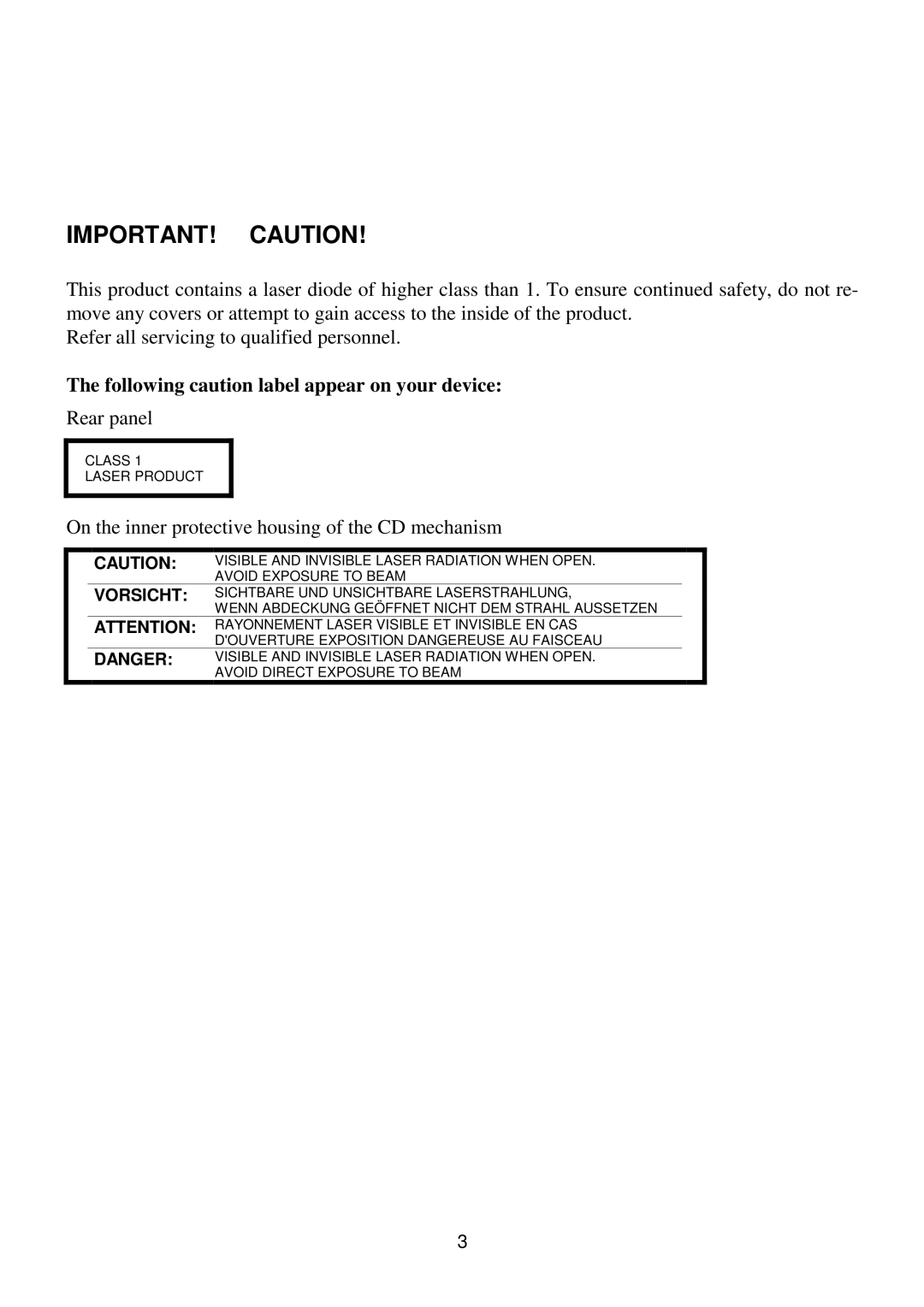 T+A Elektroakustik K1 CD-RECEIVER operating instructions IMPORTANT! Caution, Following caution label appear on your device 