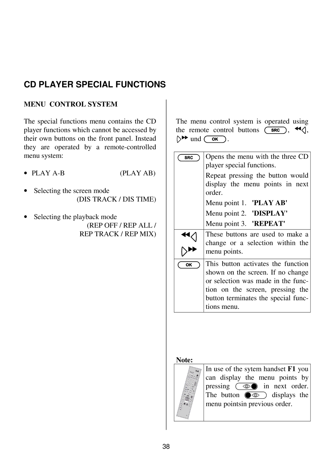 T+A Elektroakustik K1 CD-RECEIVER operating instructions CD Player Special Functions, REP OFF / REP ALL REP Track / REP MIX 