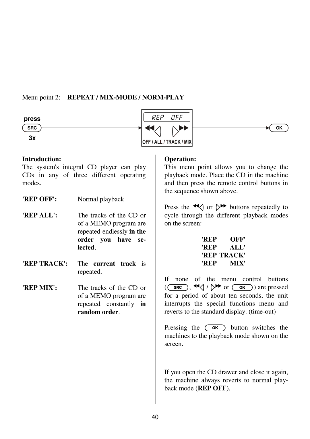 T+A Elektroakustik K1 CD-RECEIVER operating instructions Rep Off, REP OFF REP ALL REP Track REP MIX 