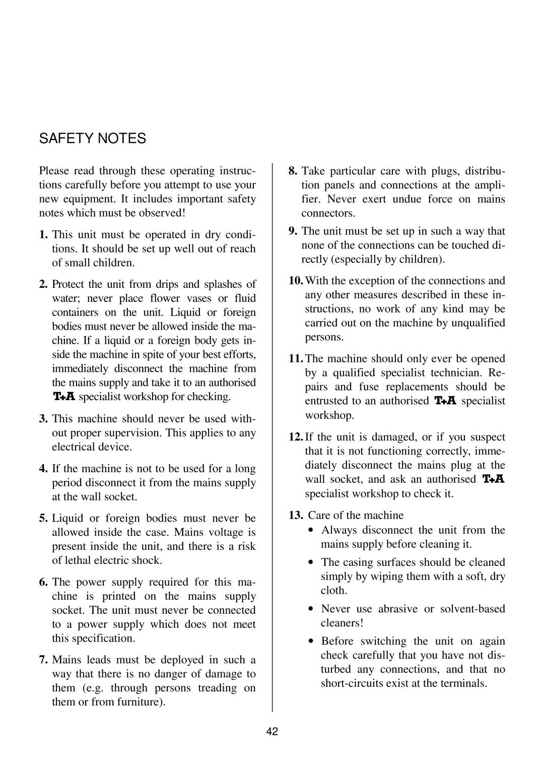 T+A Elektroakustik K1 CD-RECEIVER operating instructions Safety Notes 