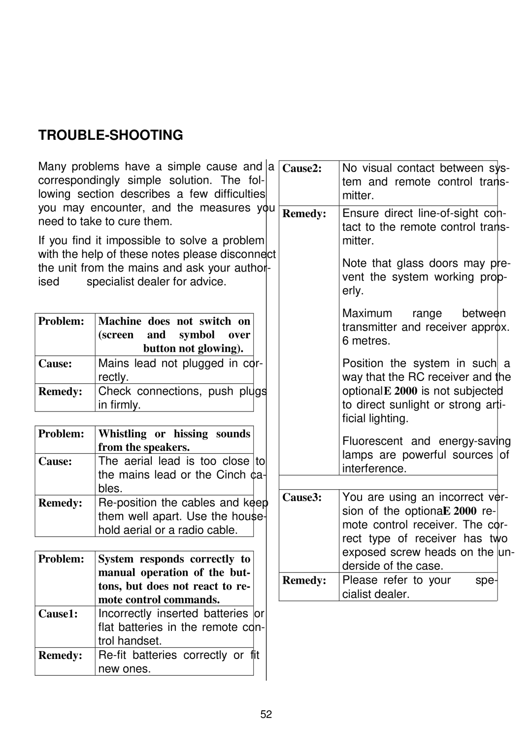 T+A Elektroakustik K1 CD-RECEIVER operating instructions Trouble-Shooting, Hissing sounds, Cause3 