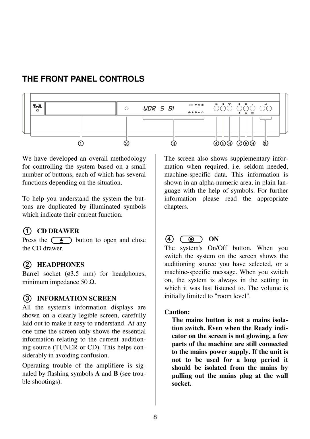 T+A Elektroakustik K1 CD-RECEIVER Front Panel Controls,  CD Drawer,  Headphones,  Information Screen 