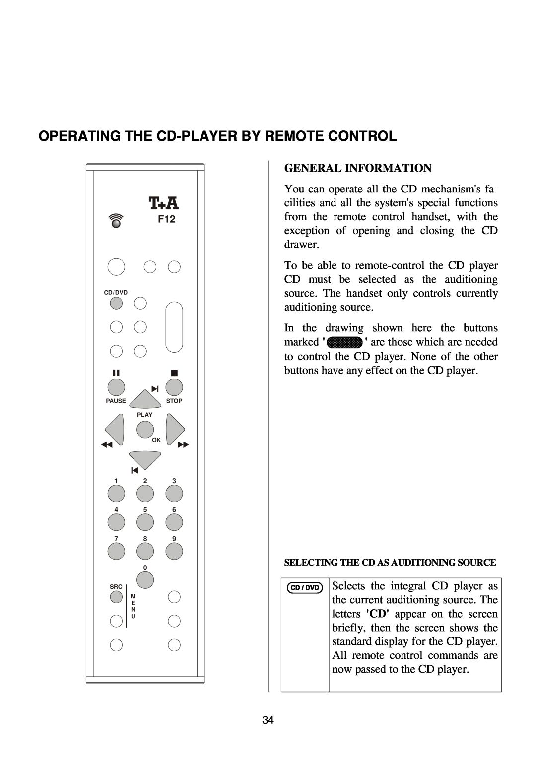 T+A Elektroakustik K1 CD-RECEIVER operating instructions Operating The Cd-Playerby Remote Control 