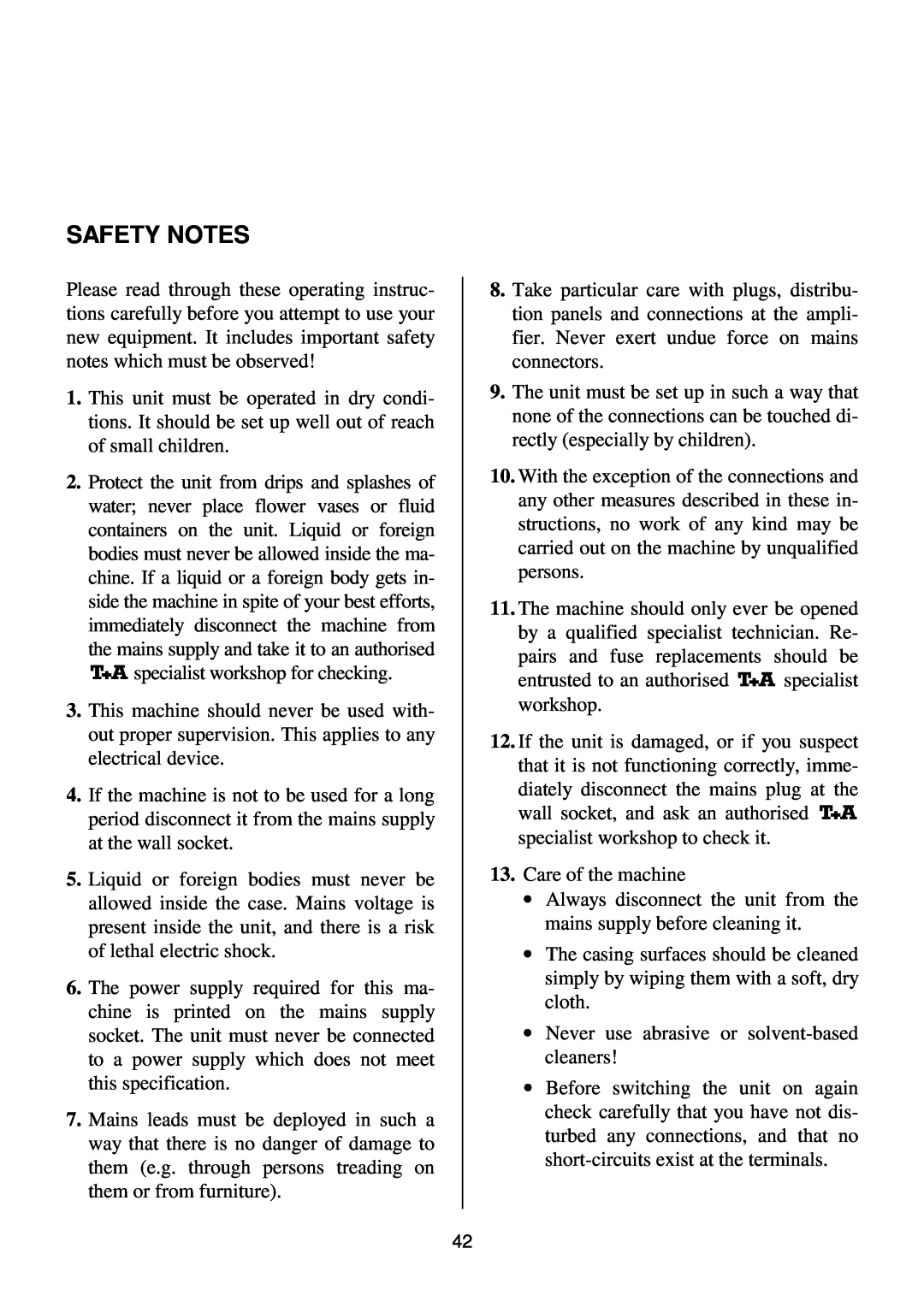 T+A Elektroakustik K1 CD-RECEIVER operating instructions Safety Notes 
