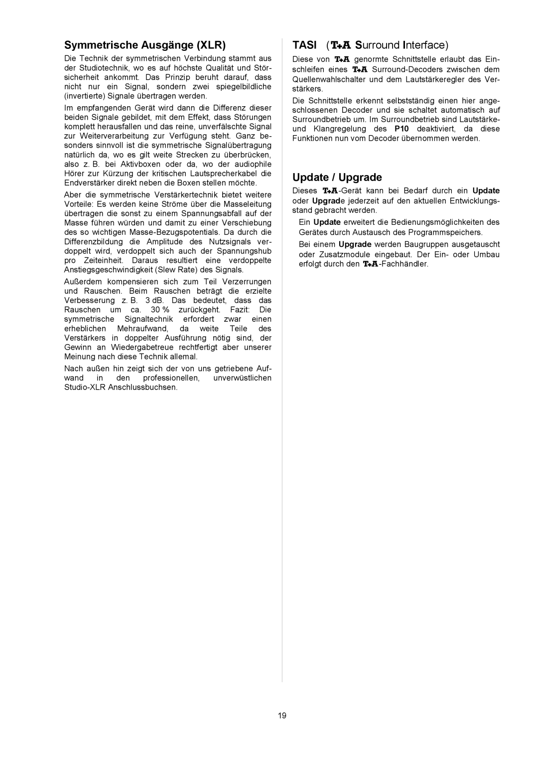 T+A Elektroakustik P 10 user manual SymmetrischeAusgängeXLR, Tasi  Surround Interface, Update/Upgrade 