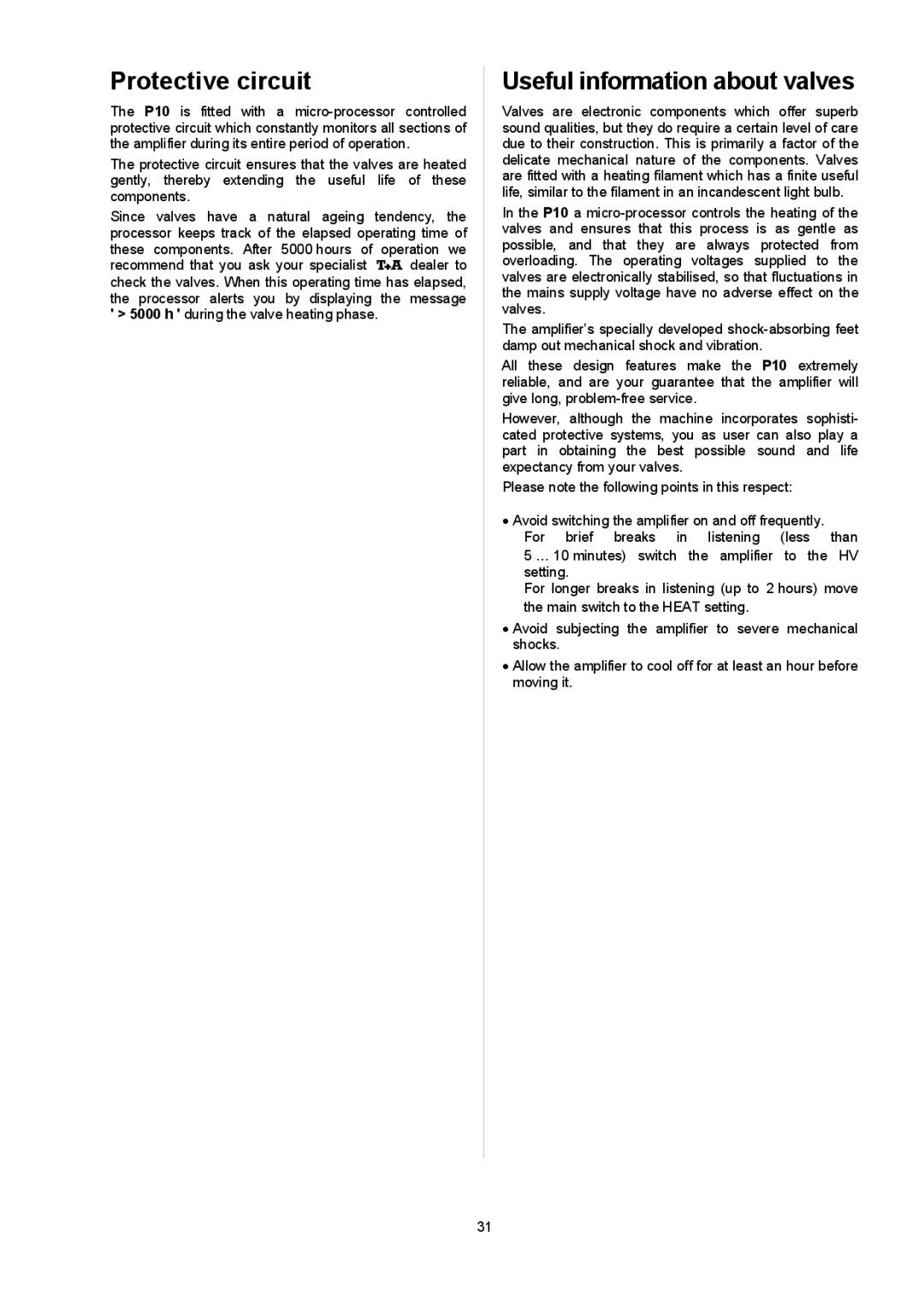 T+A Elektroakustik P 10 user manual Protectivecircuit, Usefulinformationaboutvalves 