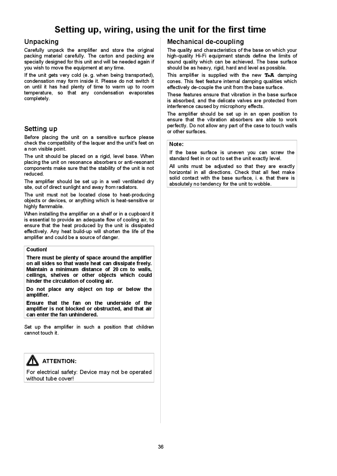 T+A Elektroakustik P 10 user manual Settingup,wiring,usingtheunitforthefirstti me, Unpacking, Mechanicaldecoupling 