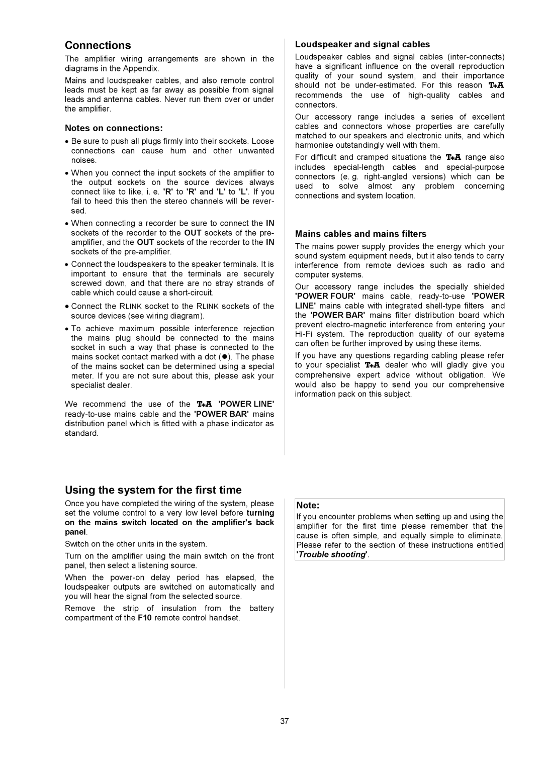 T+A Elektroakustik P 10 Connections, Usingthesystemforthefirsttime, Loudspeakerandsignalcables, Mainscablesandmainsfilters 