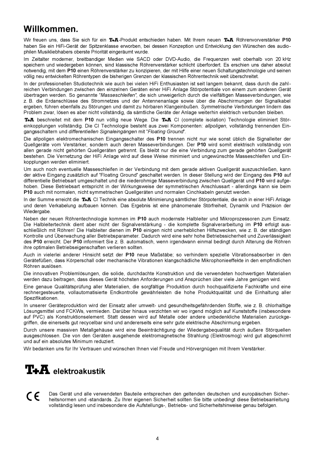 T+A Elektroakustik P 10 user manual Willkommen, elektroakustik 