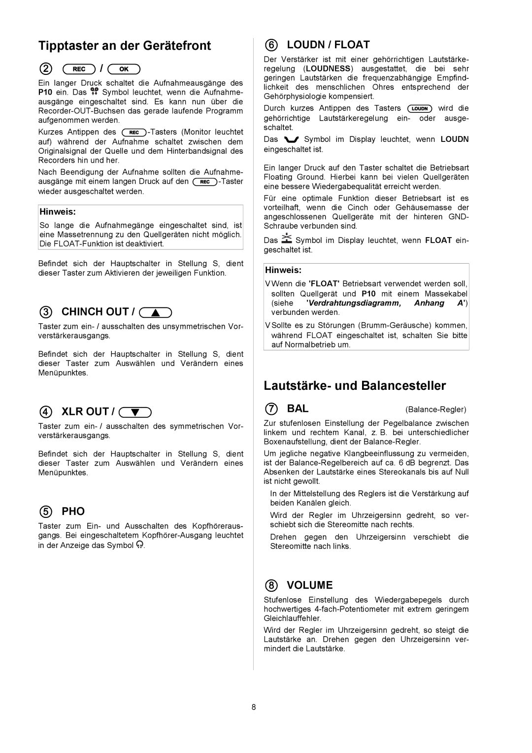 T+A Elektroakustik P 10 user manual TipptasteranderGerätefront, LautstärkeundBalancesteller, Hinweis 