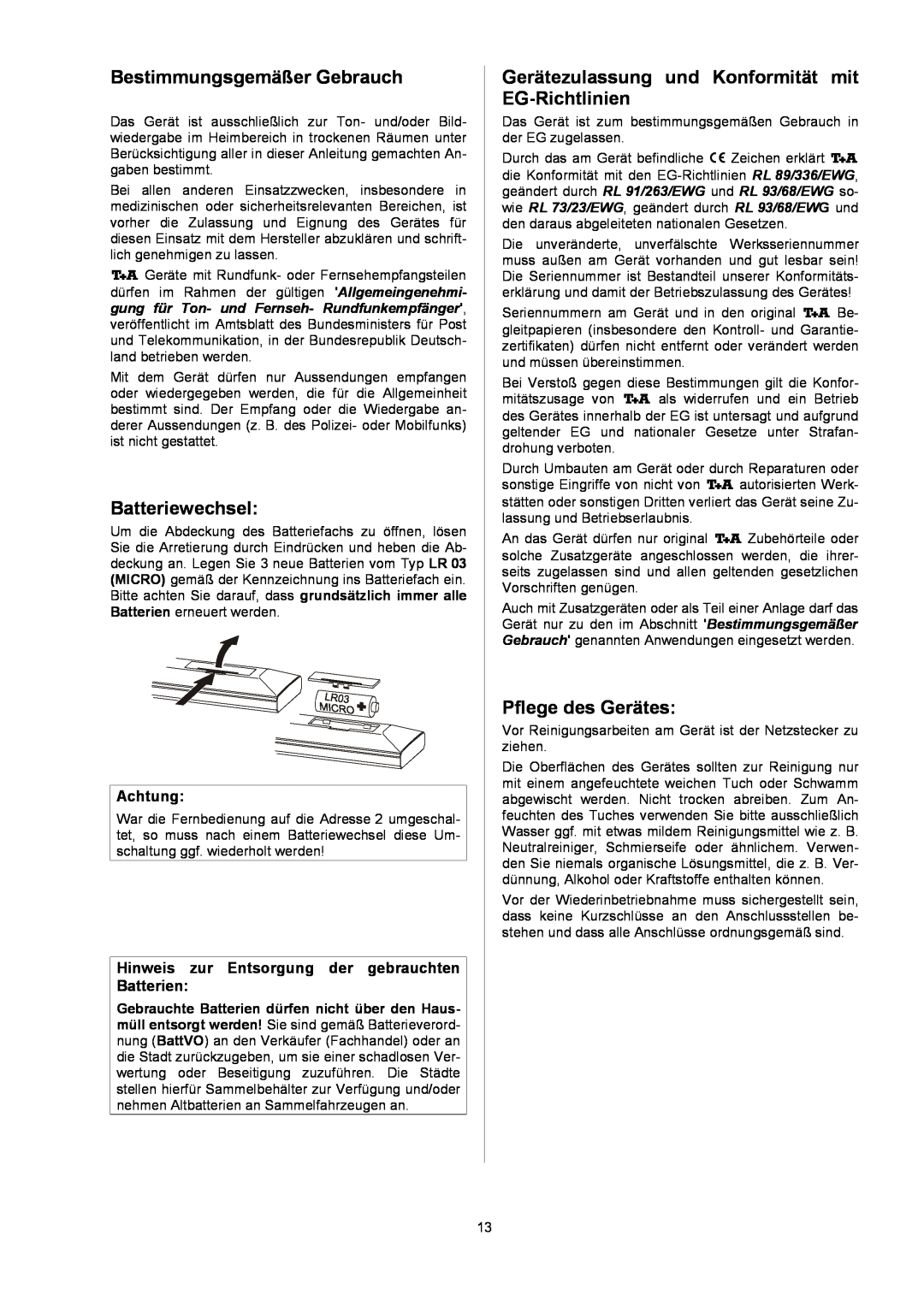 T+A Elektroakustik P 10 BestimmungsgemäßerGebrauch, Batteriewechsel, Gerätezulassung und Konformität mit EGRichtlinien 