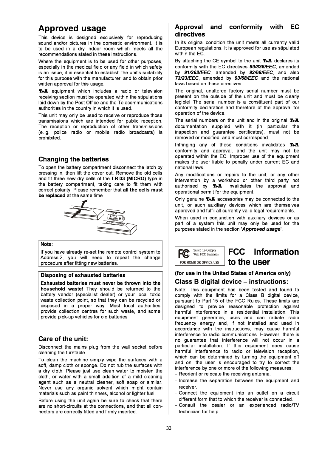 T+A Elektroakustik P 10 user manual Approvedusage, FCC Information totheuser, Changingthebatteries, Careoftheunit 
