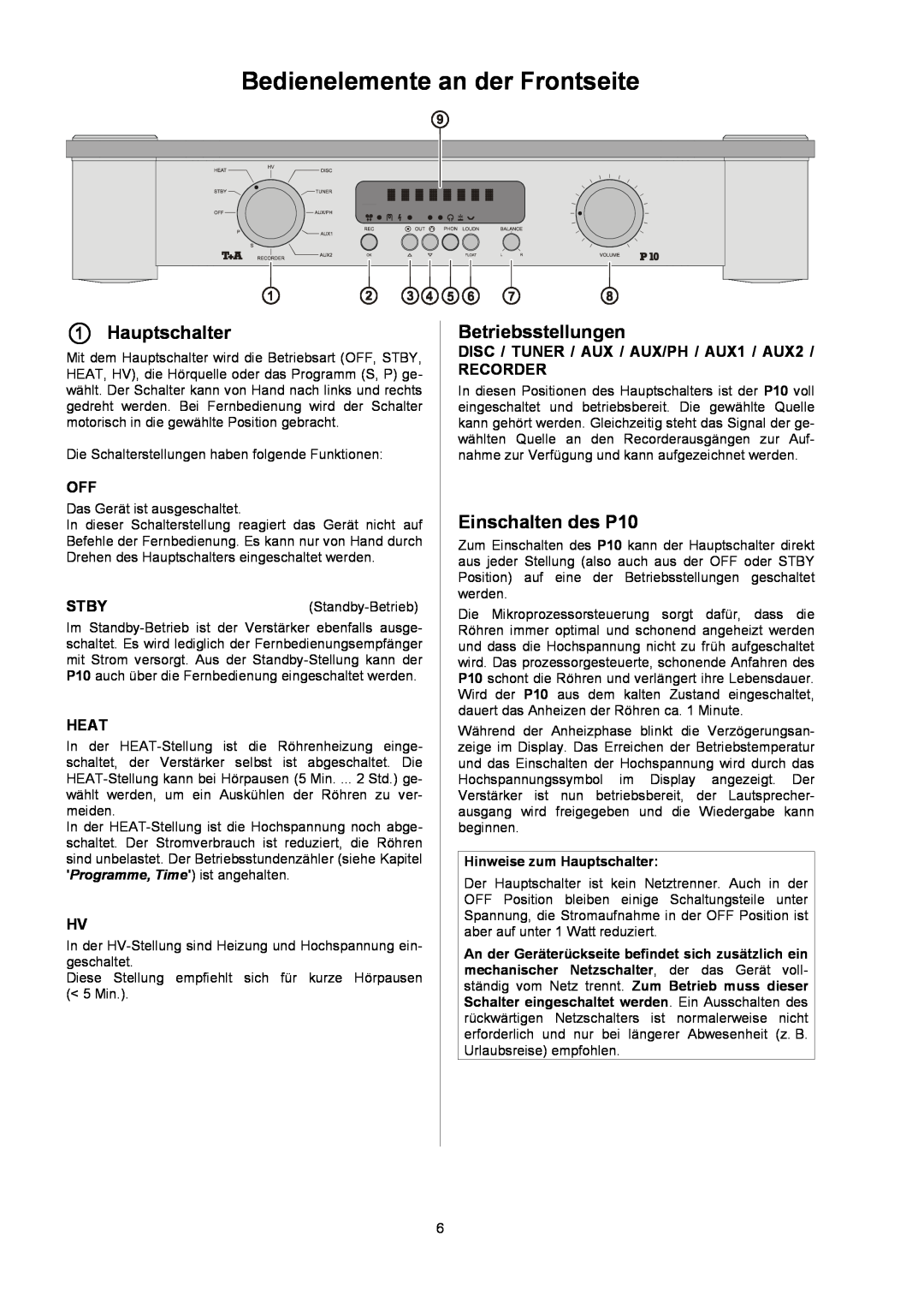 T+A Elektroakustik P 10 user manual BedienelementeanderFrontseite, 1Hauptschalter, Betriebsstellungen, EinschaltendesP10 