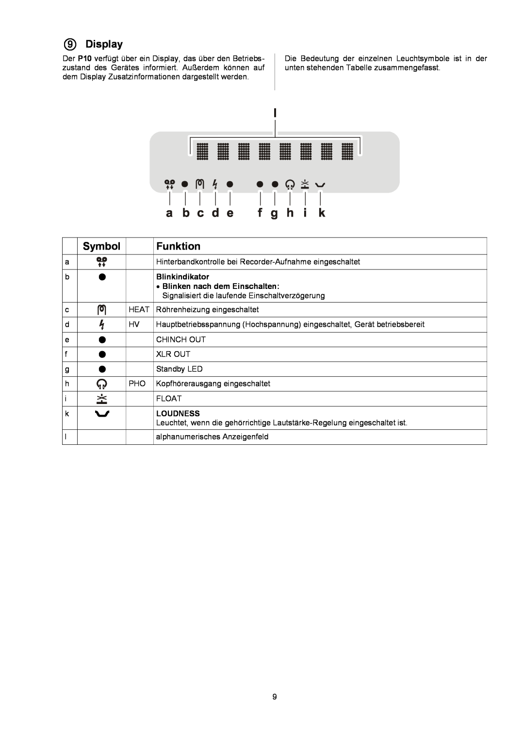 T+A Elektroakustik P 10 user manual 9Display, Symbol, Funktion 
