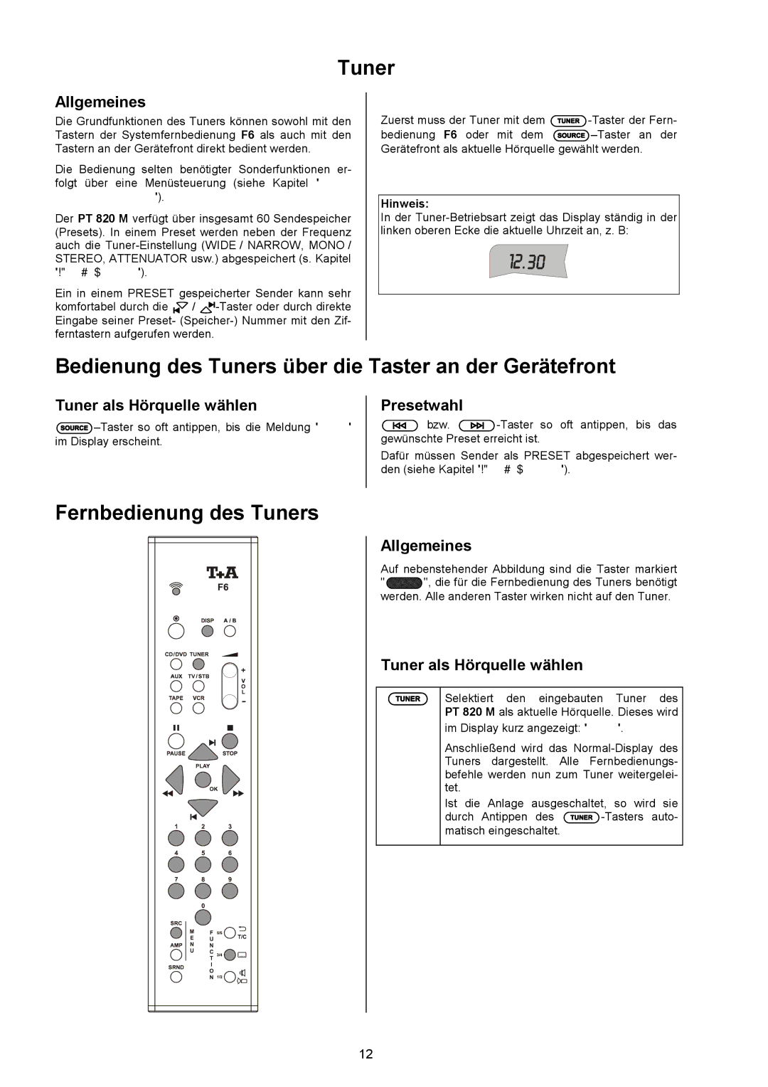 T+A Elektroakustik PT 820 M Bedienung des Tuners über die Taster an der Gerätefront, Fernbedienung des Tuners 