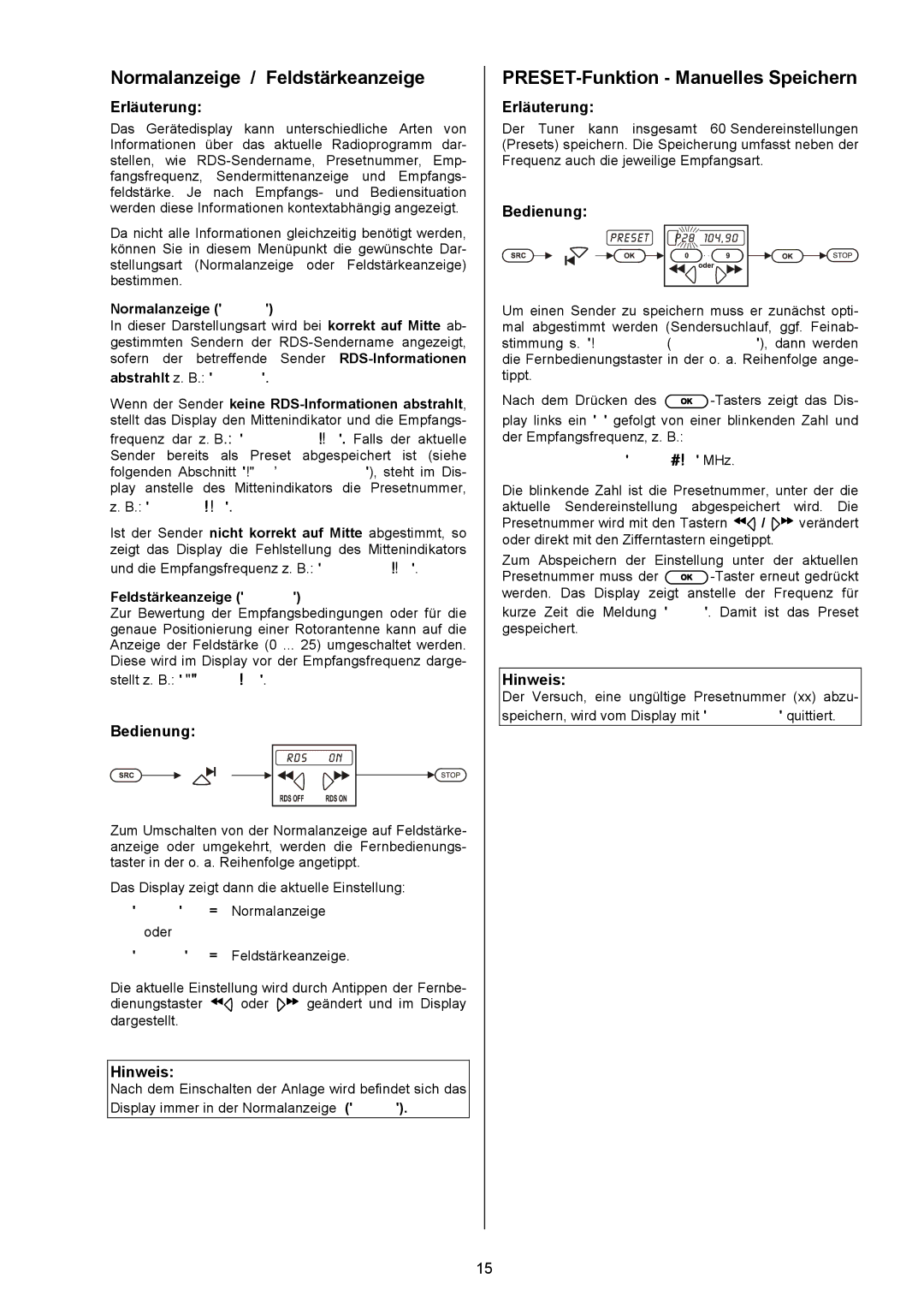 T+A Elektroakustik PA 820 M Normalanzeige / Feldstärkeanzeige, PRESET-Funktion Manuelles Speichern, P10 104,90MHz 