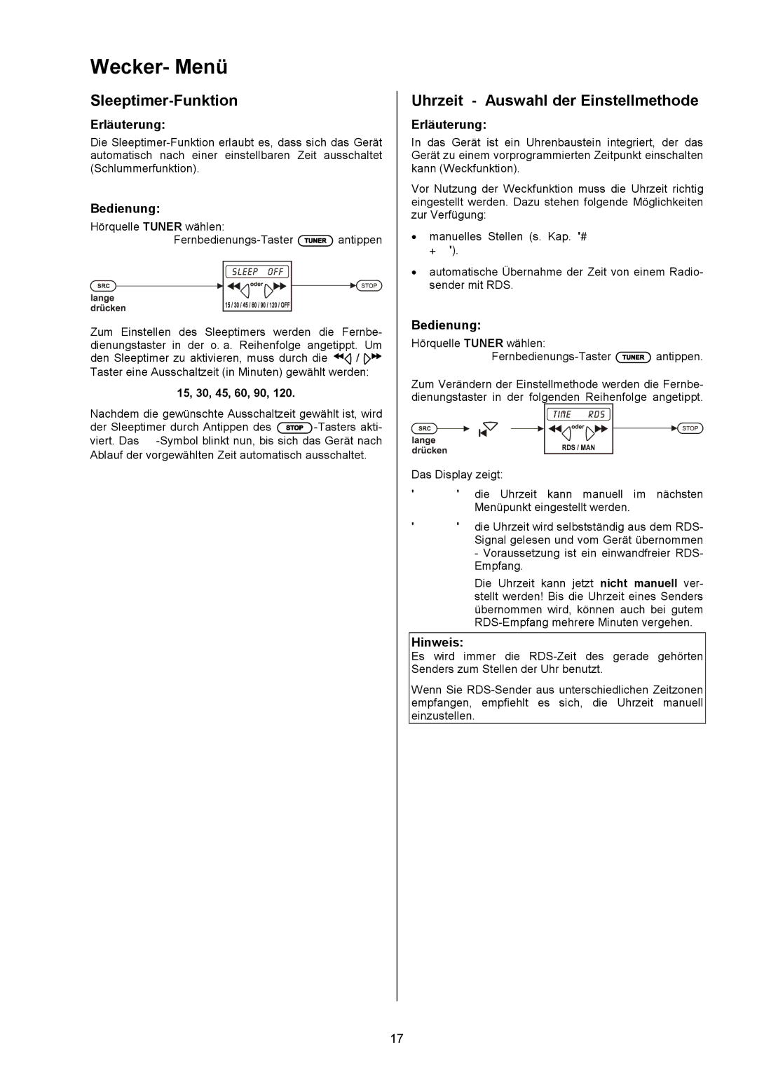 T+A Elektroakustik PA 820 M, PT 820 M user manual Wecker- Menü, Sleeptimer-Funktion, Uhrzeit Auswahl der Einstellmethode 