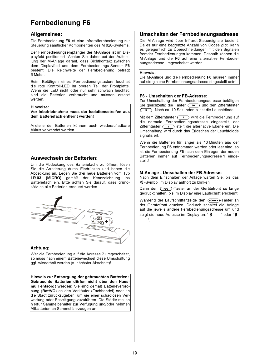 T+A Elektroakustik PA 820 M Fernbedienung F6, Auswechseln der Batterien, Umschalten der Fernbedienungsadresse, ADR2 