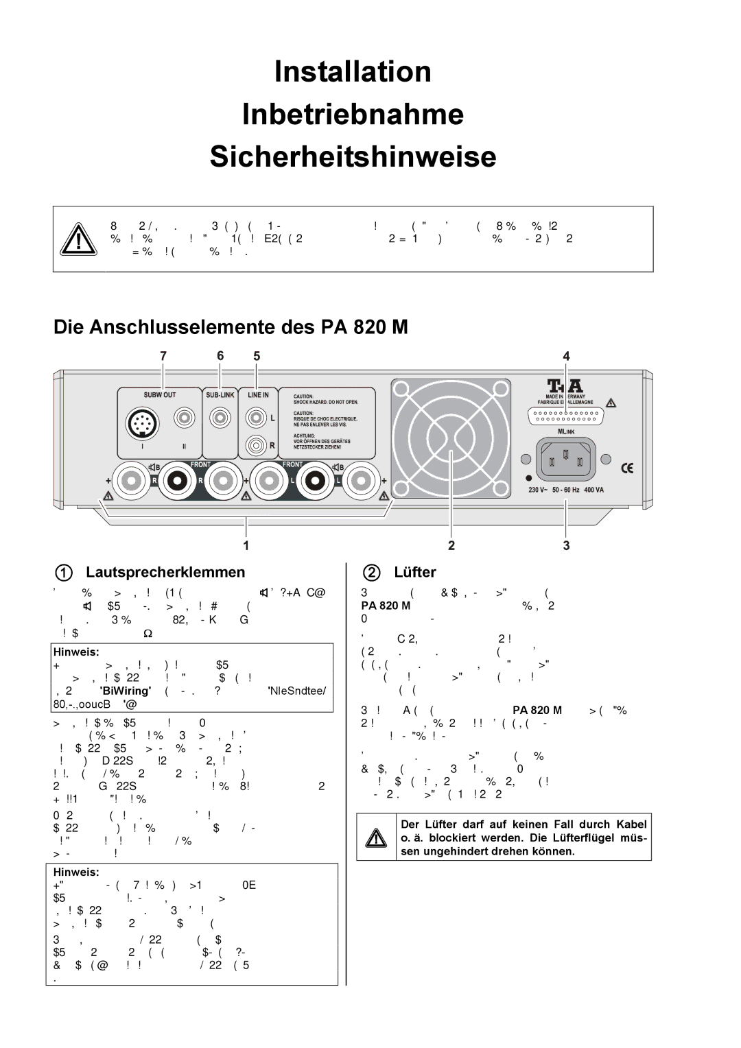 T+A Elektroakustik PT 820 M user manual Die Anschlusselemente des PA 820 M,  Lautsprecherklemmen  Lüfter, A Front 