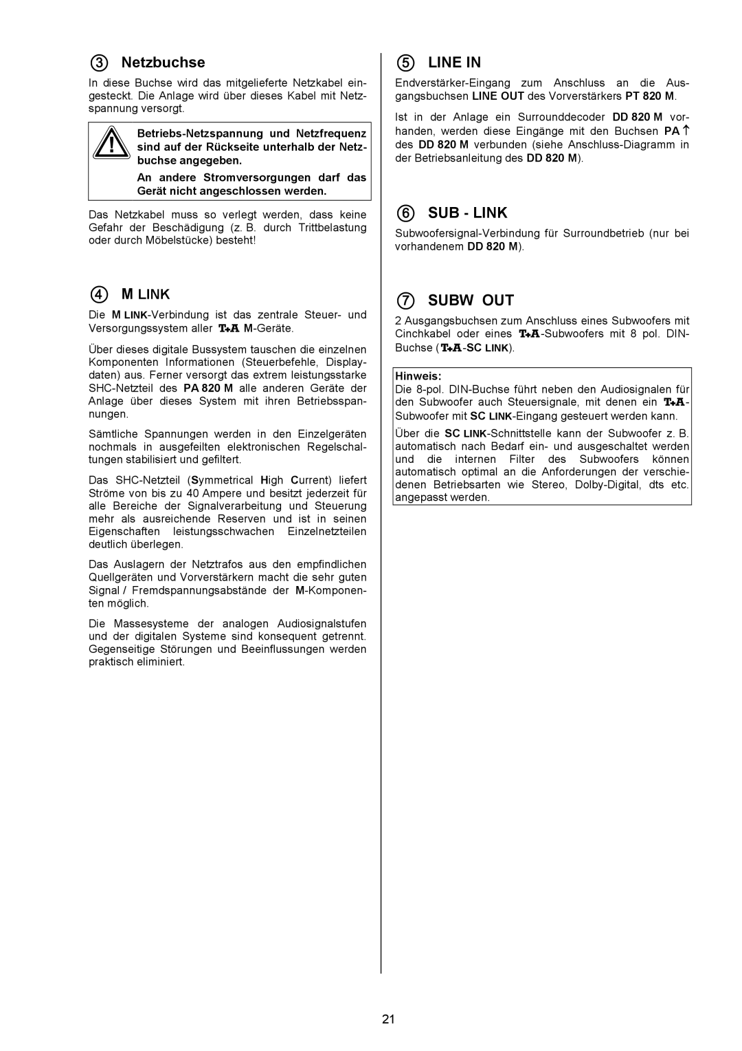 T+A Elektroakustik PA 820 M, PT 820 M user manual  Netzbuchse,  M Link 