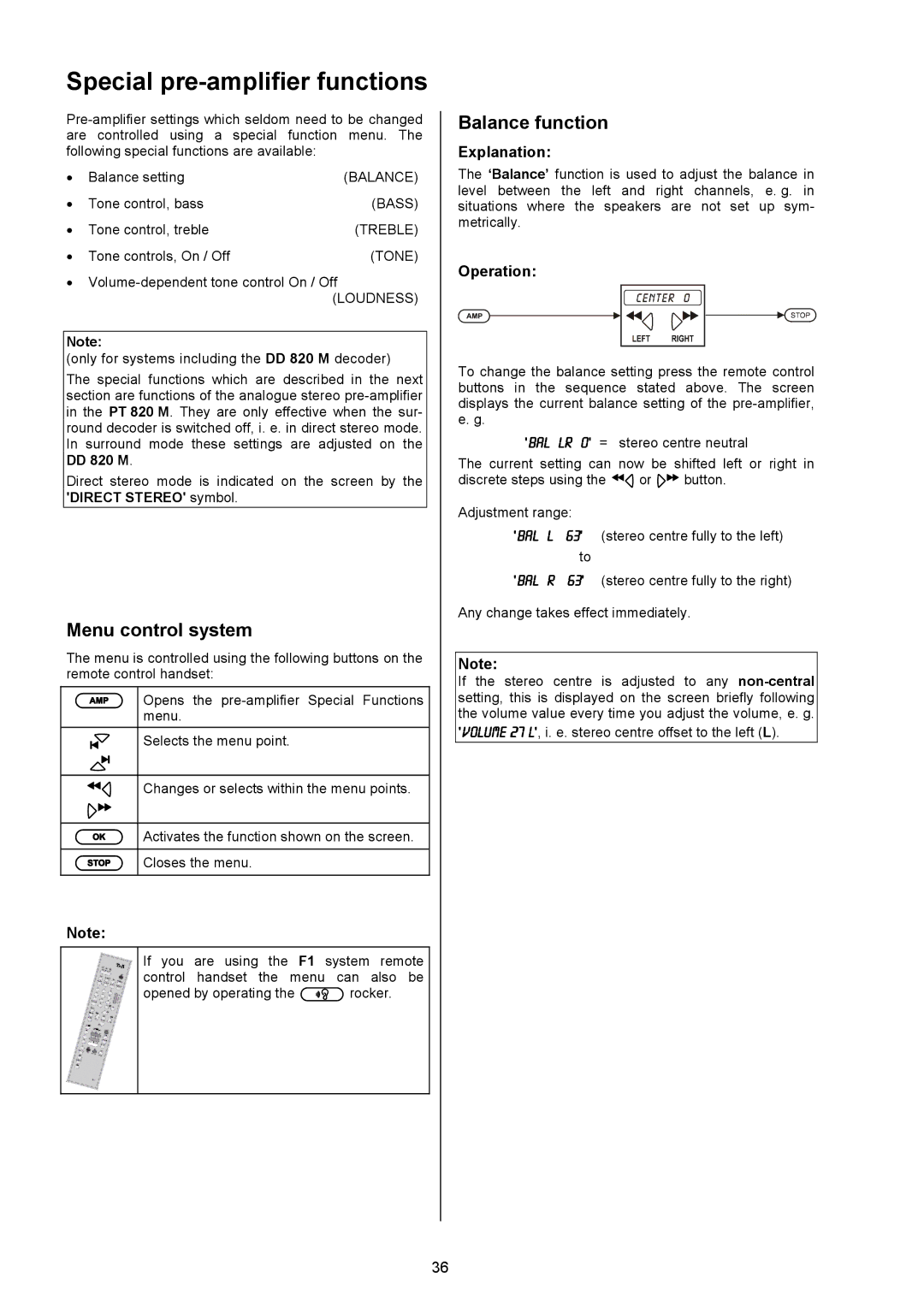 T+A Elektroakustik PT 820 M Special pre-amplifier functions, Menu control system, Balance function, Explanation, Operation 